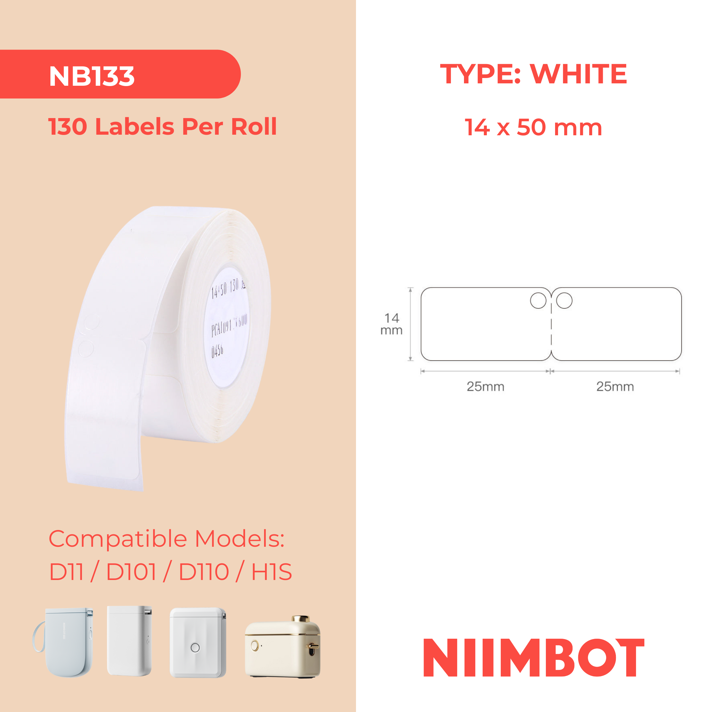 NB133 - NIIMBOT - D11 / D101 / D110 / H1S - 14X50MM FOLD - 130 LABELS PER ROLL - WHITE JEWELLERY TAG