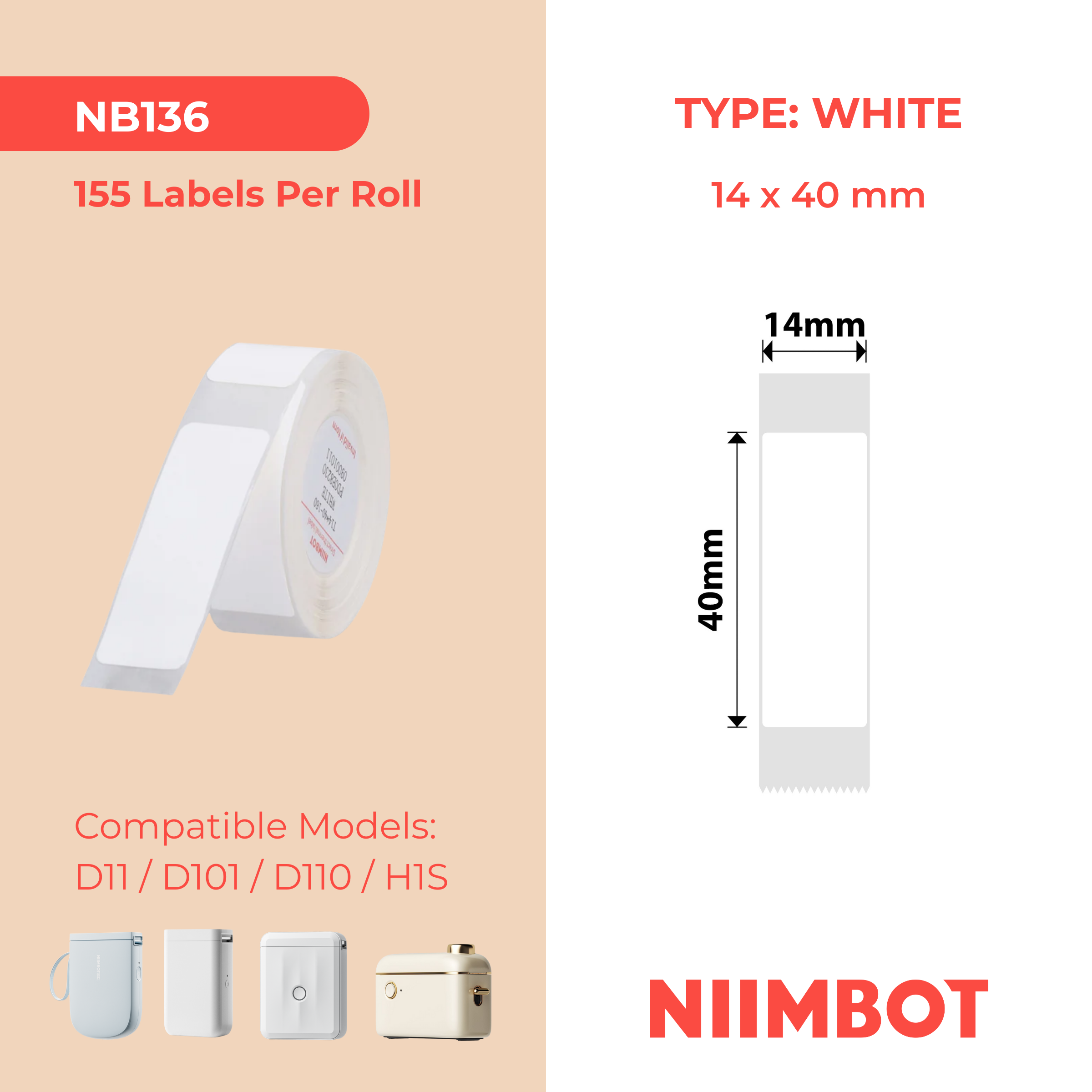 NB136 - Niimbot - D11 / D101 / D110 / H1S - 14x40mm - 155 White Labels