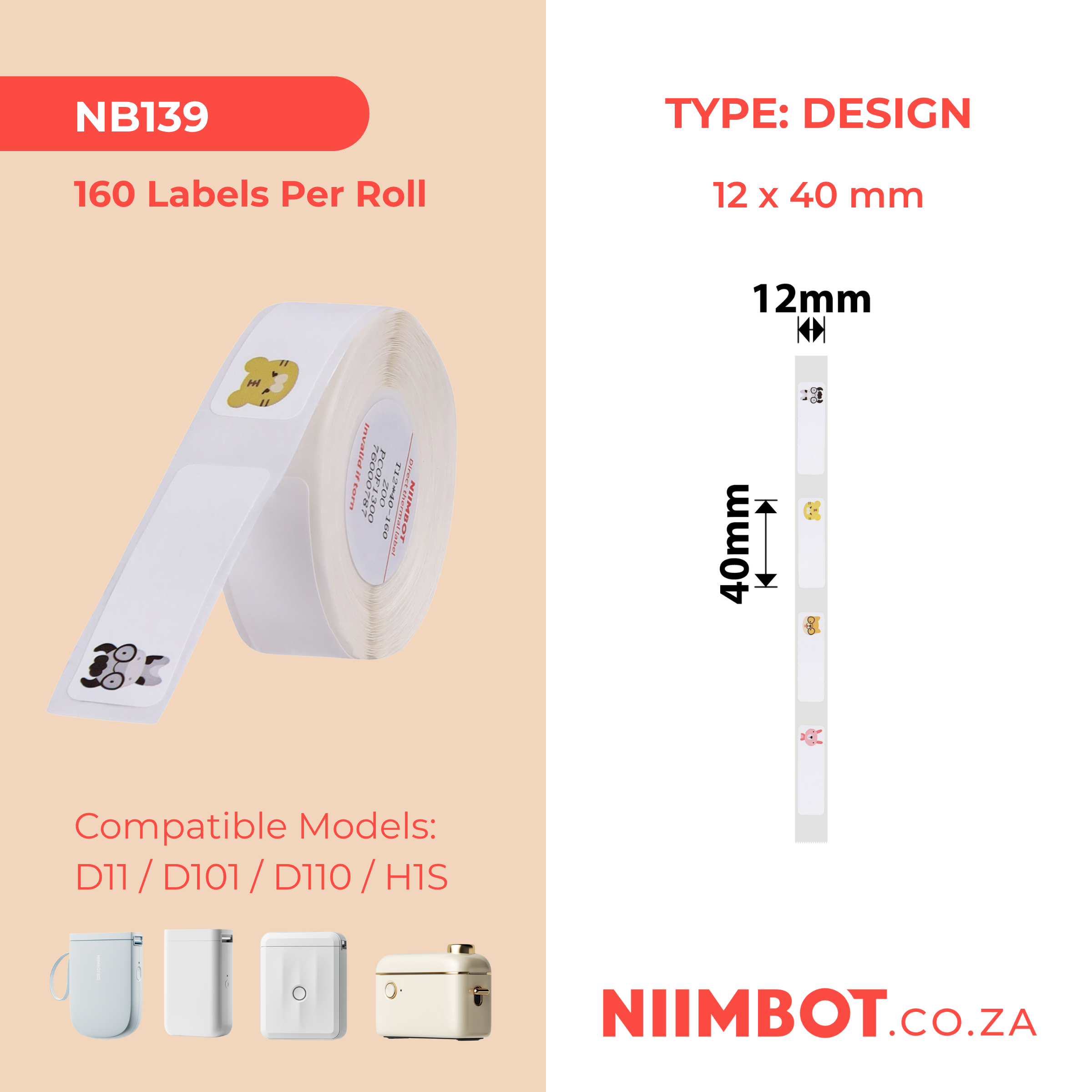 NB139 - NIIMBOT - D11 / D101 / D110 / H1S - RP12X40MM - 160 LABELS PER ROLL - ZOO DESIGN