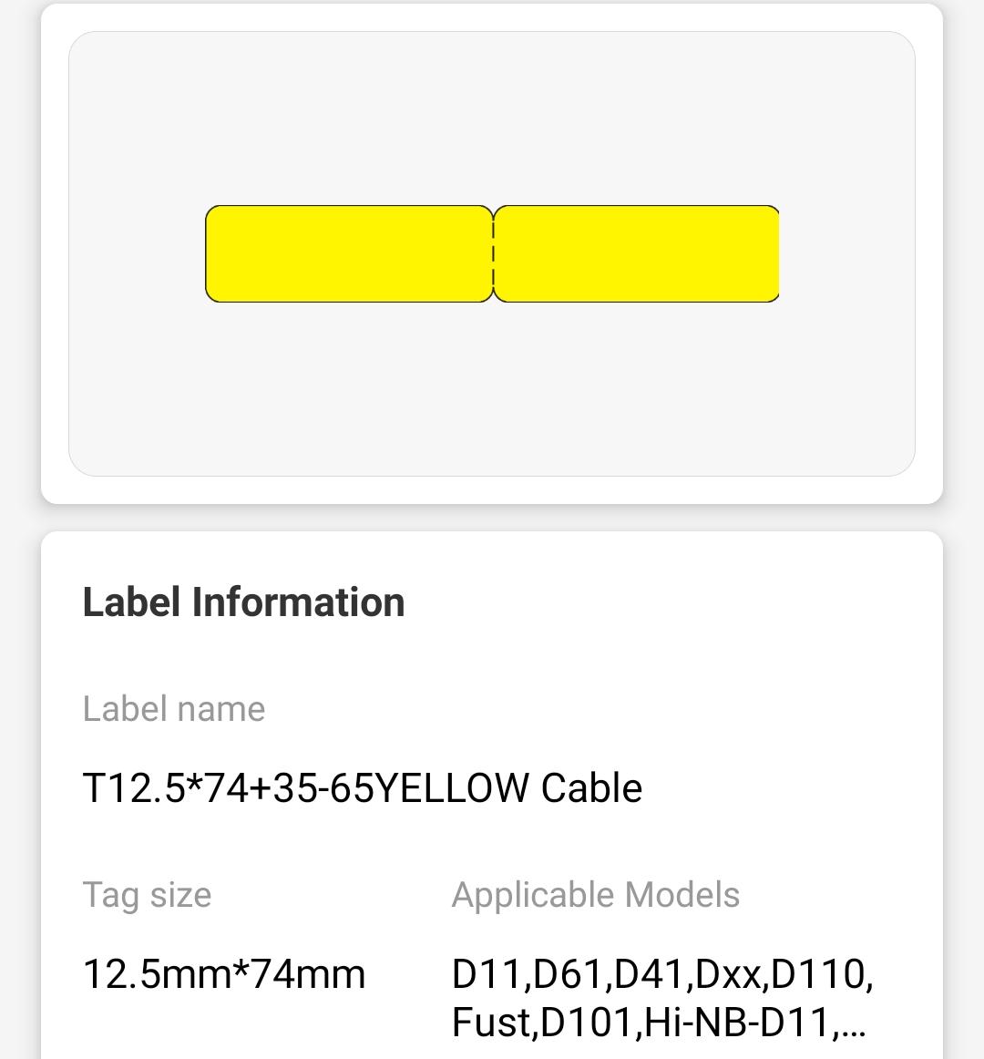 NB140 - Niimbot - D11 / D101 / D110 / H1S - 12.5x109mm - 60 Yellow Cable Labels