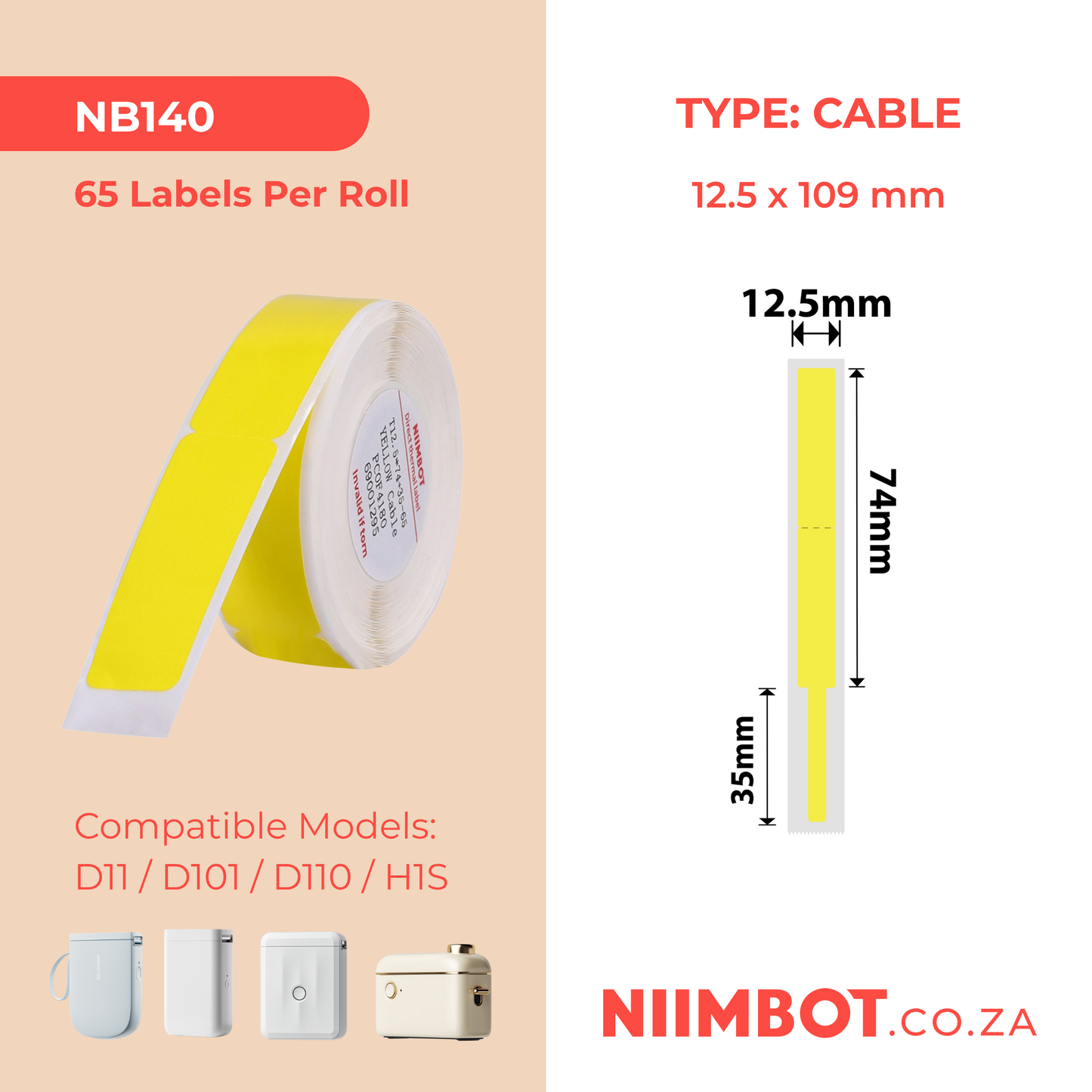NB140 - NIIMBOT - D11 / D101 / D110 / H1S - RXL 12.5X109MM - 65 LABELS PER ROLL - YELLOW CABLE