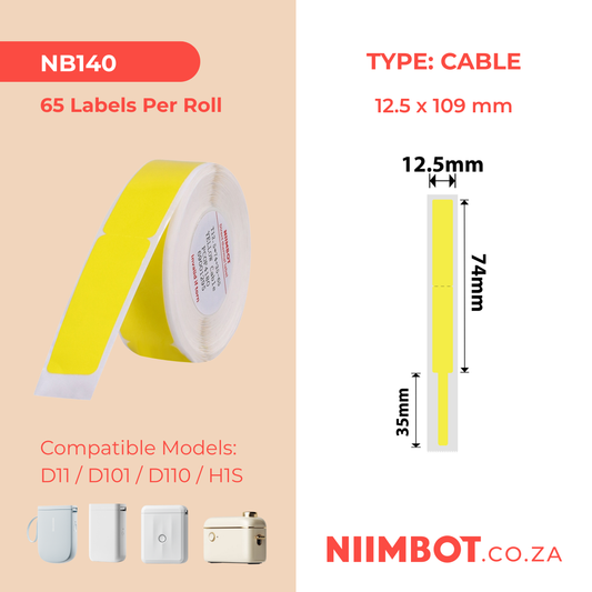NB140 - NIIMBOT - D11 / D101 / D110 / H1S - RXL 12.5X109MM - 65 LABELS PER ROLL - YELLOW CABLE