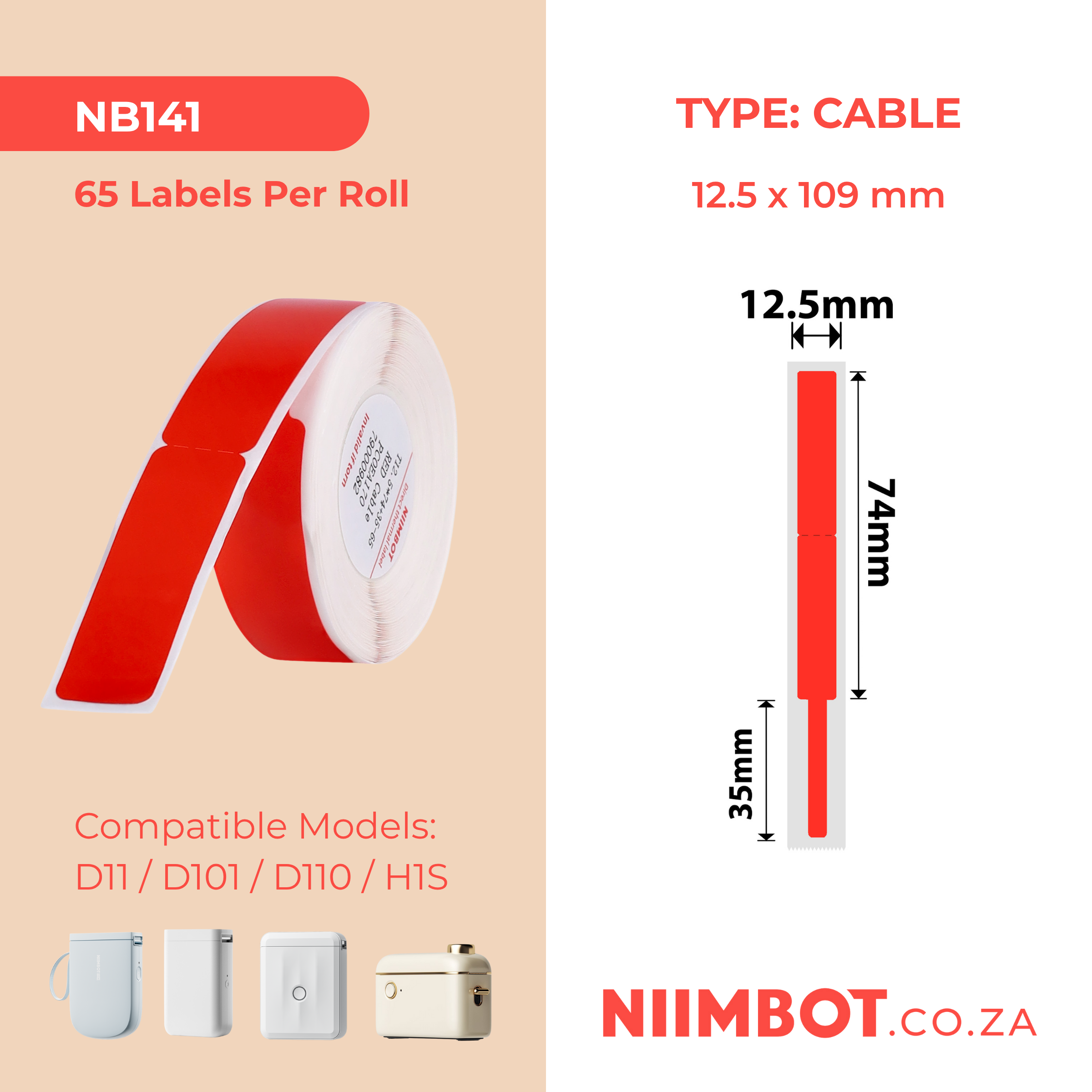 NB141 - NIIMBOT - D11 / D101 / D110 / H1S - RXL 12.5X109MM - 65 LABELS PER ROLL - RED CABLE