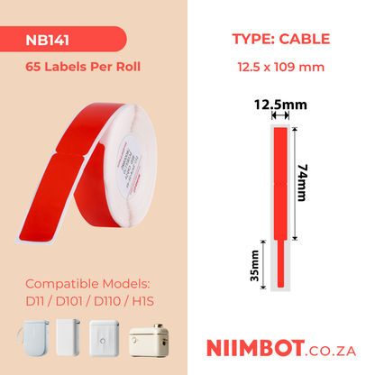 NB141 - NIIMBOT - D11 / D101 / D110 / H1S - RXL 12.5X109MM - 65 LABELS PER ROLL - RED CABLE