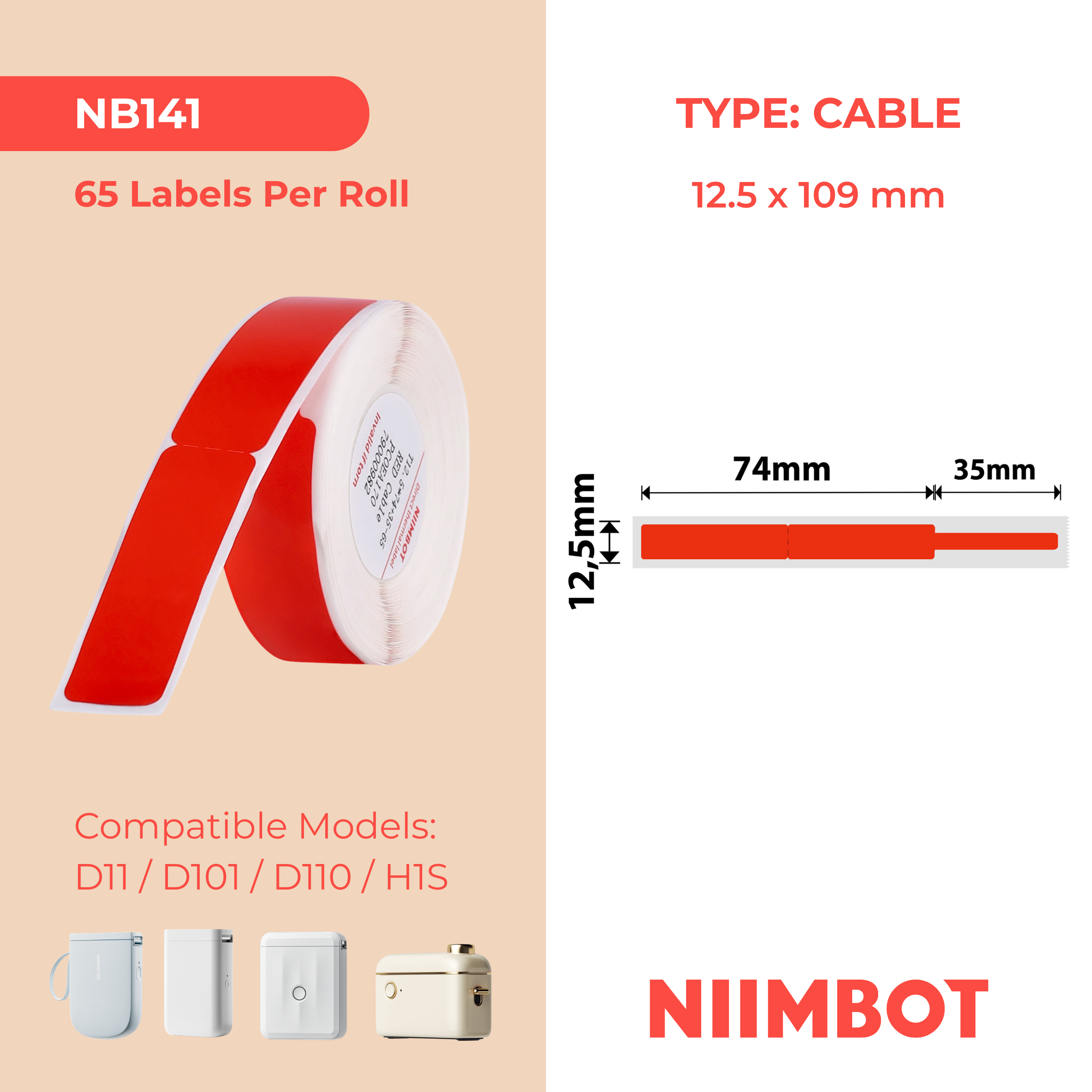 NB141 - Niimbot - D11 / D101 / D110 / H1S - 12.5x109mm - 60 Red Cable Labels