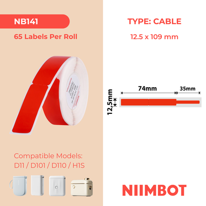 NB141 - Niimbot - D11 / D101 / D110 / H1S - 12.5x109mm - 60 Red Cable Labels