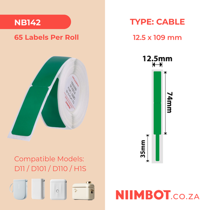 NB142 - NIIMBOT - D11 / D101 / D110 / H1S - RXL 12.5X109MM - 65 LABELS PER ROLL - GREEN CABLE