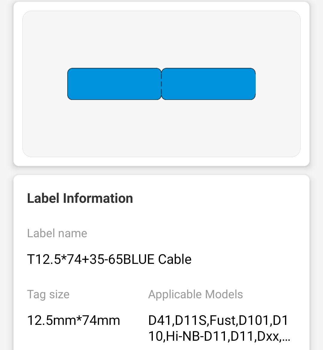 NB143 - NIIMBOT - D11 / D101 / D110 / H1S - RXL 12.5X109MM - 65 LABELS PER ROLL- BLUE CABLE