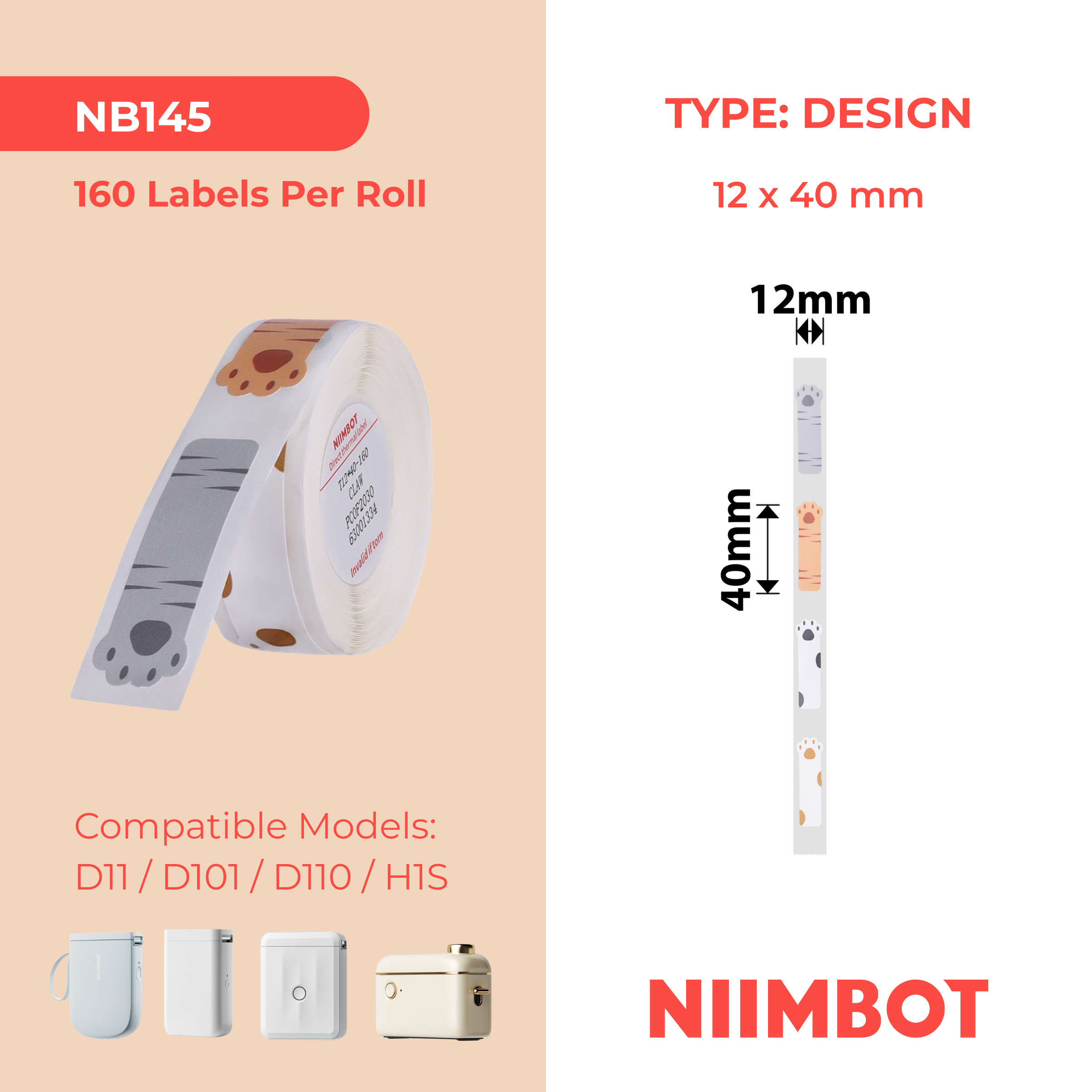 NB145 - NIIMBOT - D11 / D101 / D110 / H1S - RP12X40MM - 160 LABELS PER ROLL - CAT PAW DESIGN