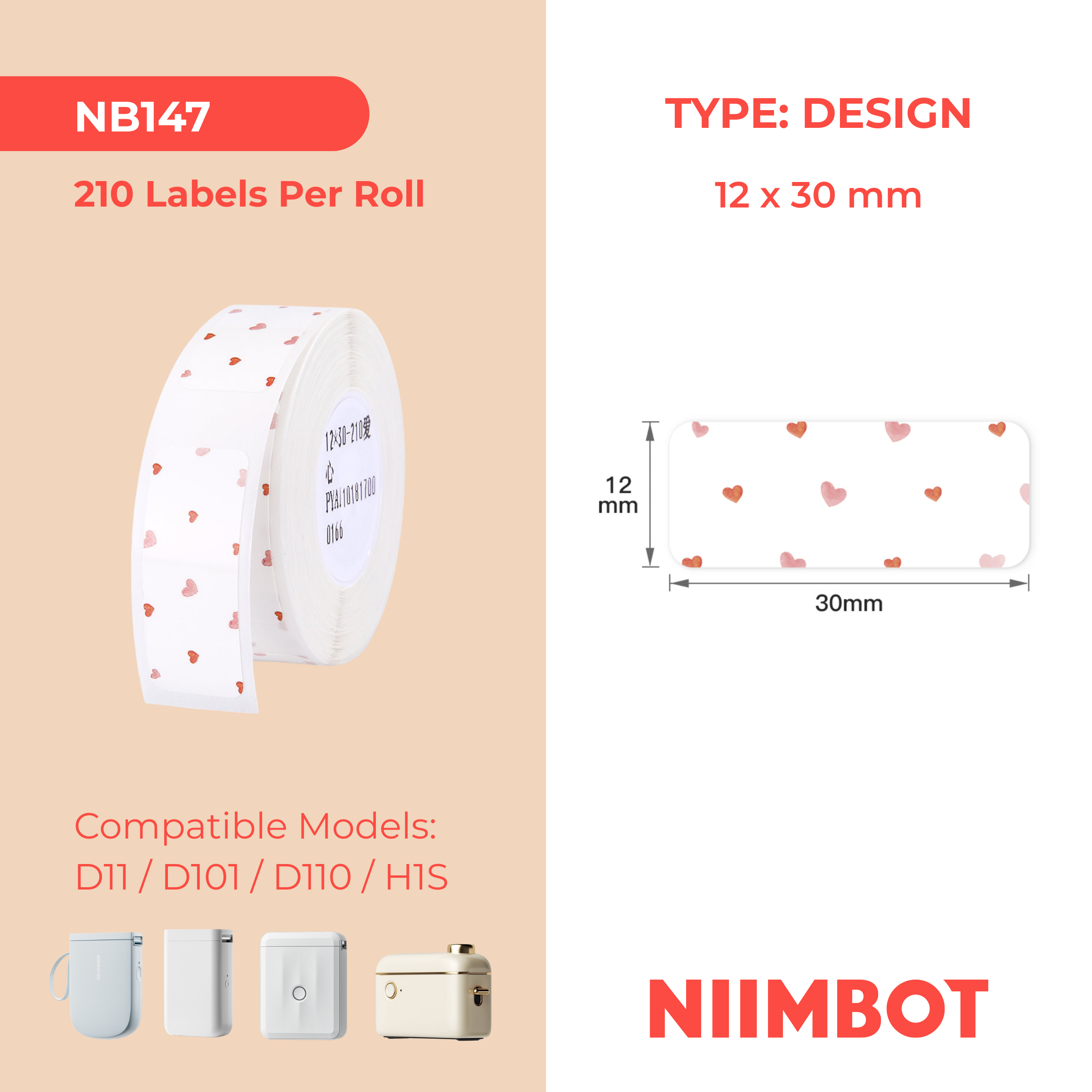 NB147 - NIIMBOT - D11 / D101 / D110 / H1S - 12X30MM - 210 THERMAL LABELS - LOVE DESIGN