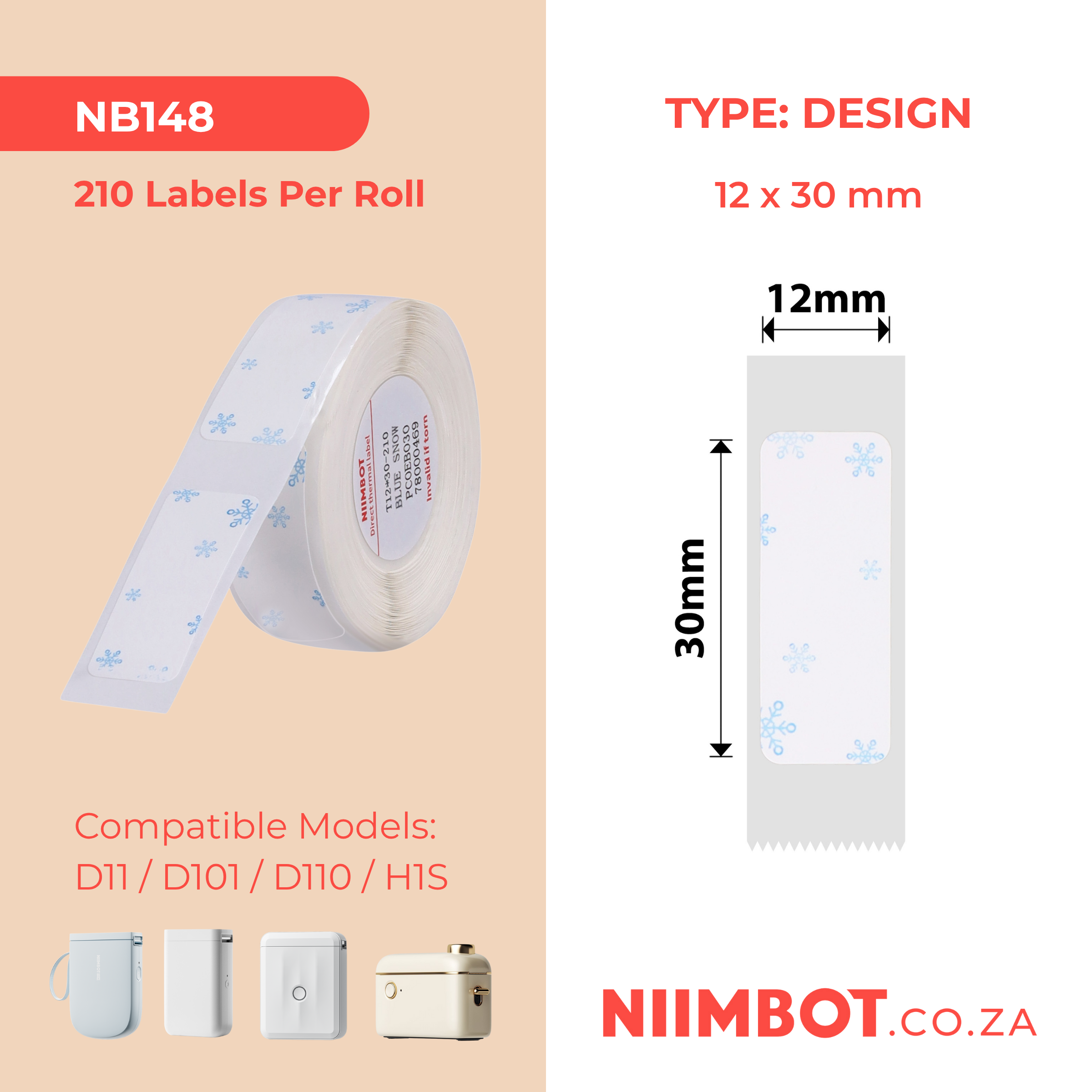 NB148 - NIIMBOT - D11 / D101 / D110 / H1S - 12X30MM - 210 THERMAL LABELS - BLUE SNOW DESIGN