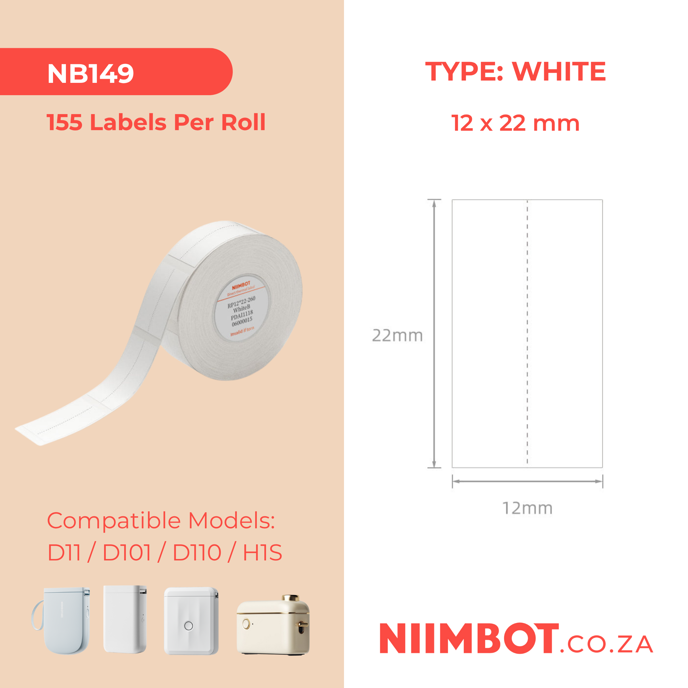 NB149 - NIIMBOT - D11 / D101 / D110 / H1S - 12X22MM - 260 THERMAL LABELS - SPLIT - WHITE
