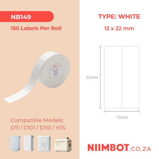 NB149 - NIIMBOT - D11 / D101 / D110 / H1S - 12*22MM - 260 THERMAL LABELS - SPLIT - WHITE