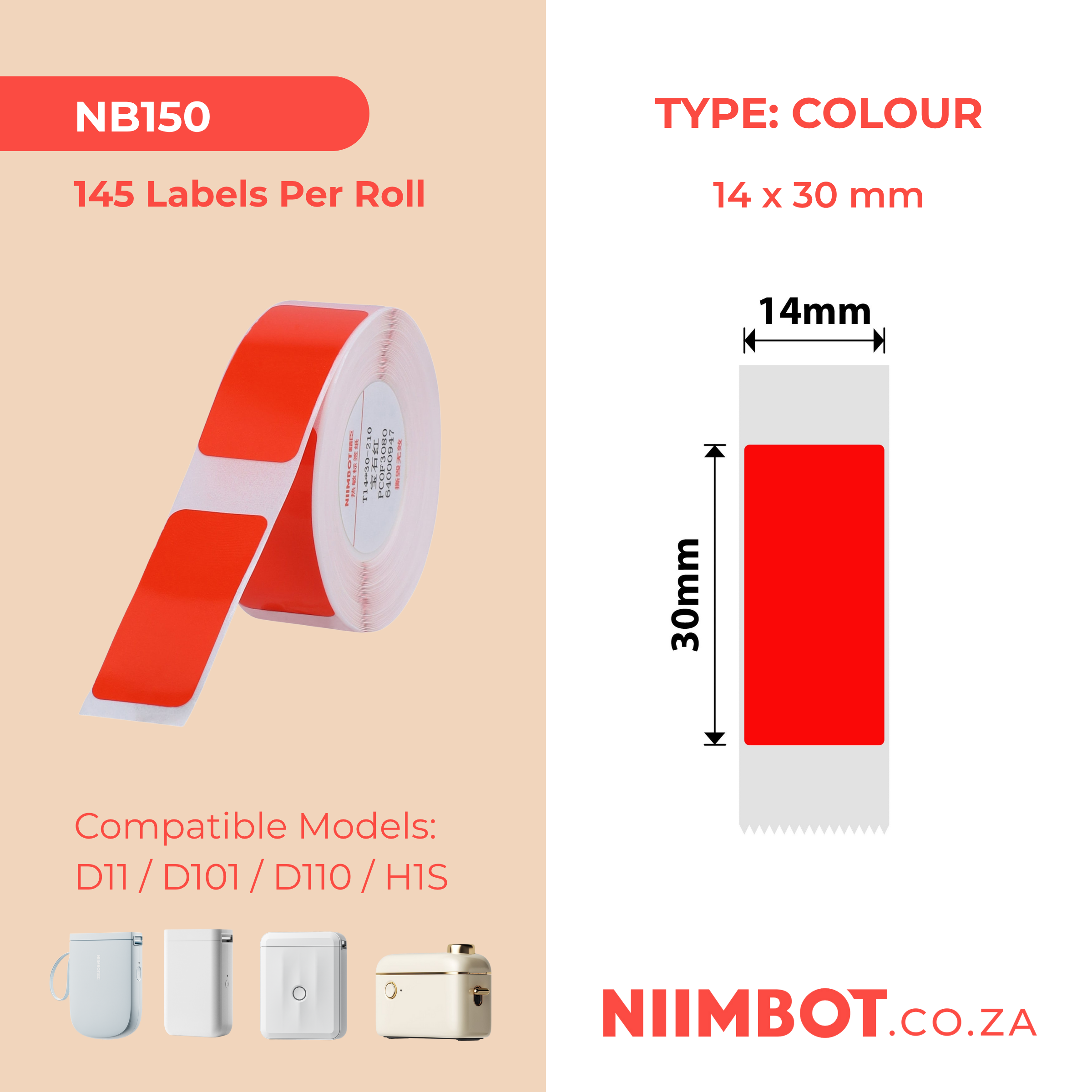 NB150 - NIIMBOT - D11 / D101 / D110 / H1S - 14X30MM - 210 LABELS PER ROLL - SOLID RUBY RED DESIGN