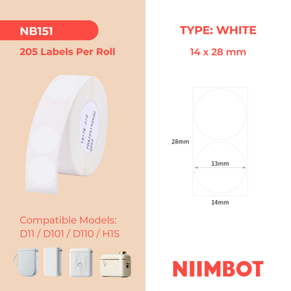 NB151 - NIIMBOT - D11 / D101 / D110 / H1S - 14X28MM - 205 LABELS PER ROLL - TWIN ROUND - WHITE