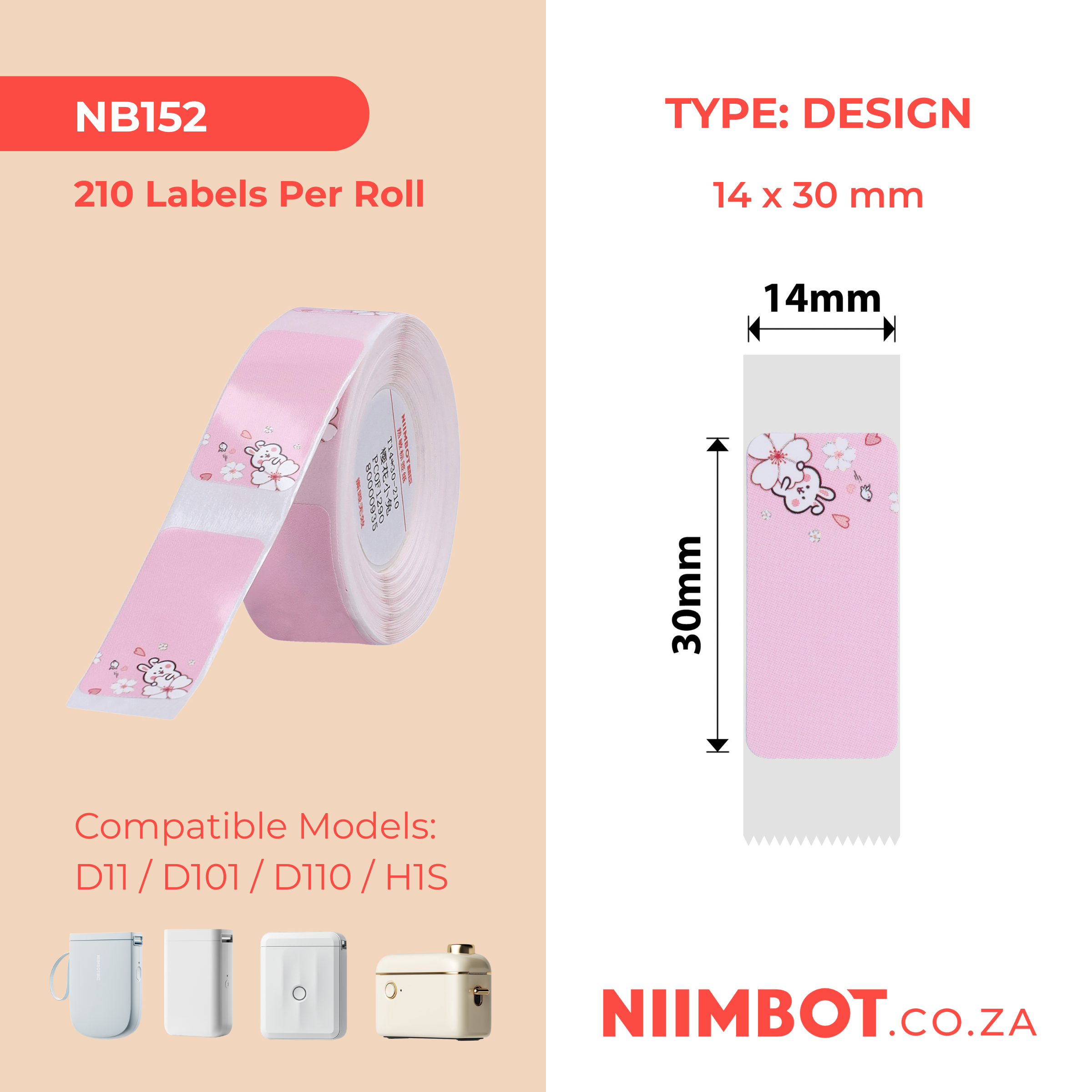 NB152 - NIIMBOT - D11 / D101 / D110 / H1S - RP14X30MM - 210 LABELS PER ROLL - PINK RABBIT DESIGN