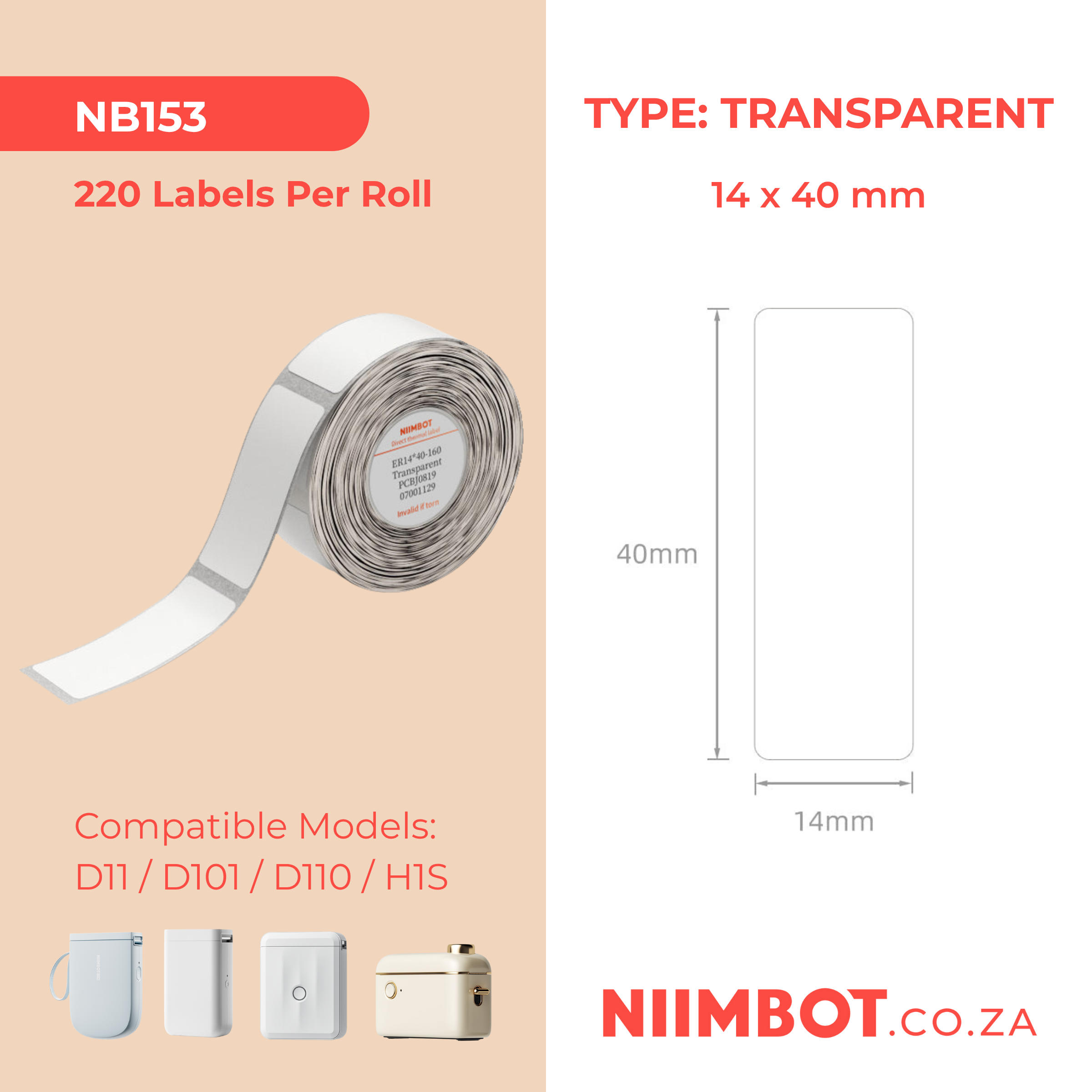 NB153 - NIIMBOT - D11 / D101 / D110 / H1S - 14X40MM - 160 LABELS PER ROLL - TRANSPARENT