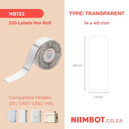 NB153 - NIIMBOT - D11 / D101 / D110 / H1S - 14X40MM - 160 LABELS PER ROLL - TRANSPARENT