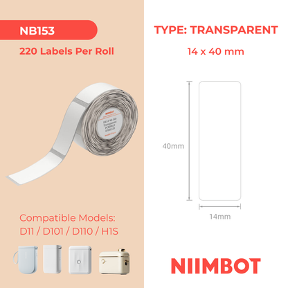 NB153 - NIIMBOT - D11 / D101 / D110 / H1S - 14X40MM - 160 LABELS PER ROLL - TRANSPARENT