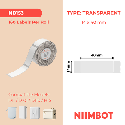 NB153 - Niimbot - D11 / D101 / D110 / H1S - 14x40mm - 160 Transparent Labels