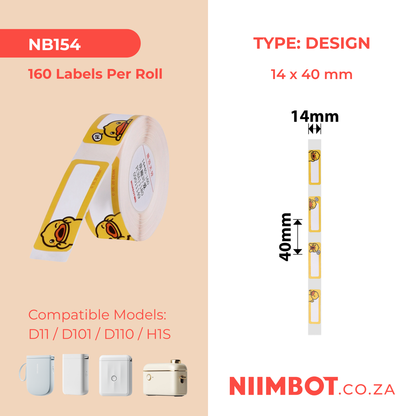 NB154 - NIIMBOT - D11 / D101 / D110 / H1S - R14X40MM - 160 LABELS PER ROLL - CUTE DUCK DESIGN