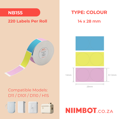 NB155 - NIIMBOT - D11 / D101 / D110 / H1S - 14X28MM - 220 LABELS PER ROLL - SOLD PYB (MULTI- COLOUR) DESIGN