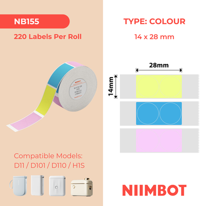 NB155 - Niimbot - D11 / D101 / D110 / H1S - 14x28mm - 205 Pink, Yellow, Blue Round Labels