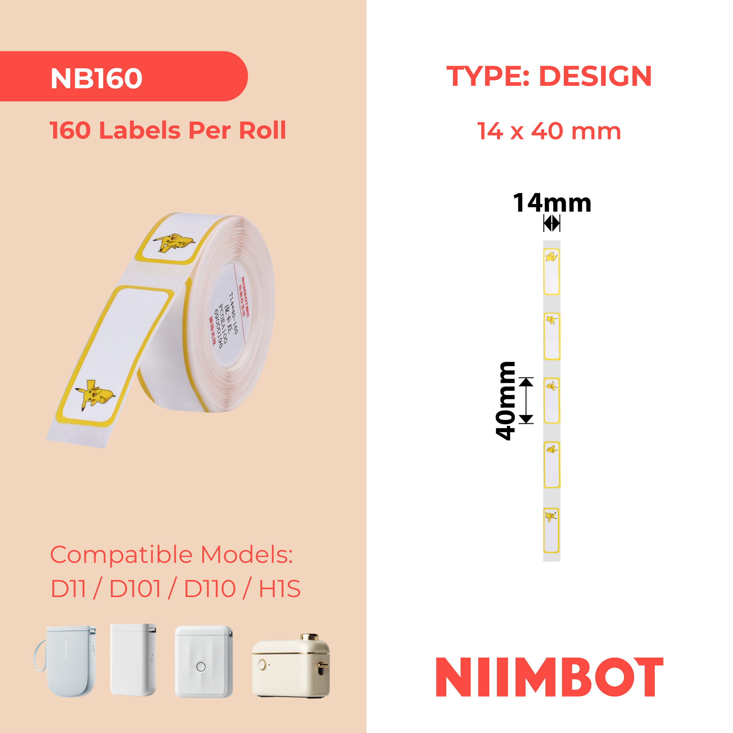 NB160 - NIIMBOT - D11 / D101 / D110 / H1S - R14X40MM - 160 LABELS PER ROLL - PIKACHU C