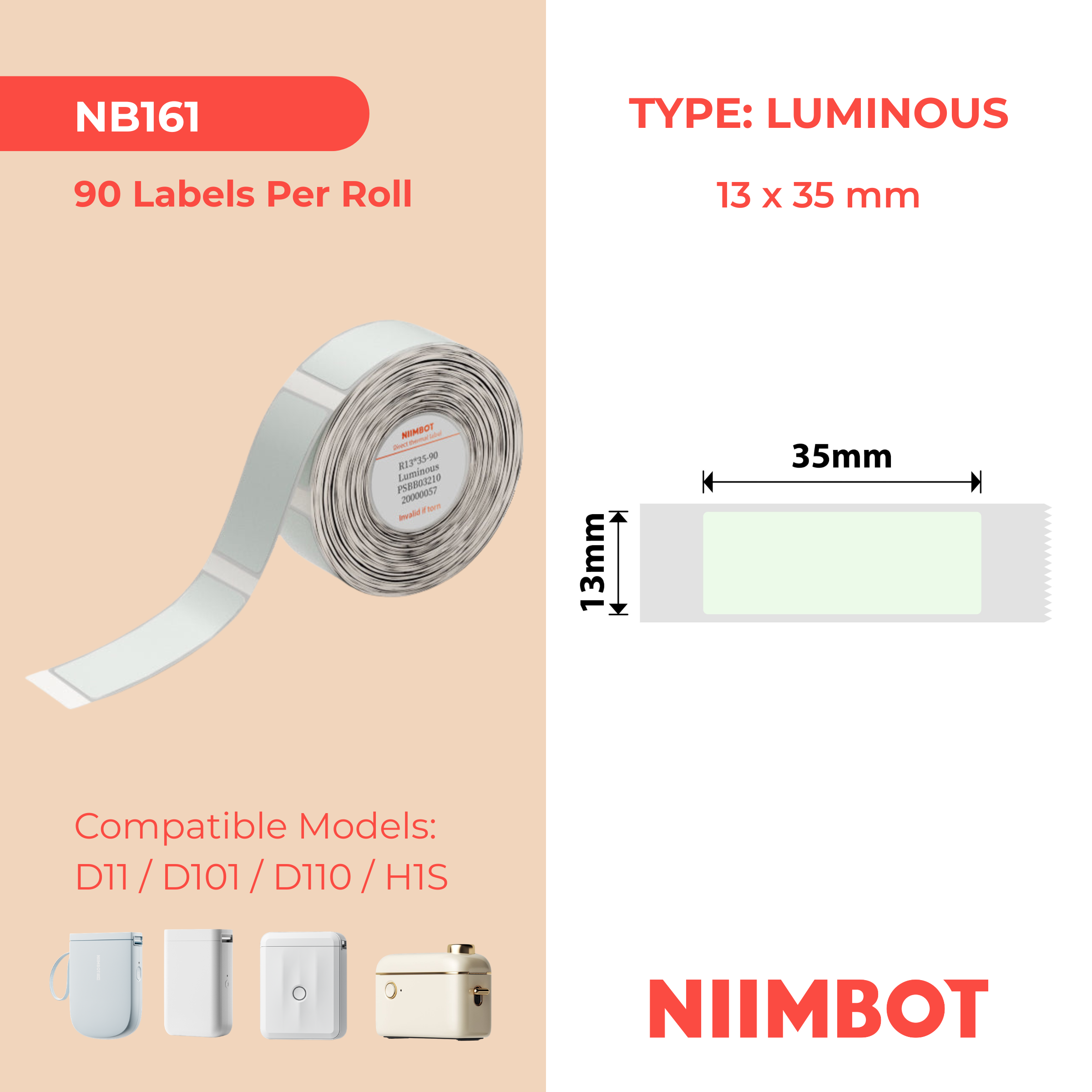 NB161 - Niimbot - D11 / D101 / D110 / H1S - 13x35mm - 90 Luminous Labels