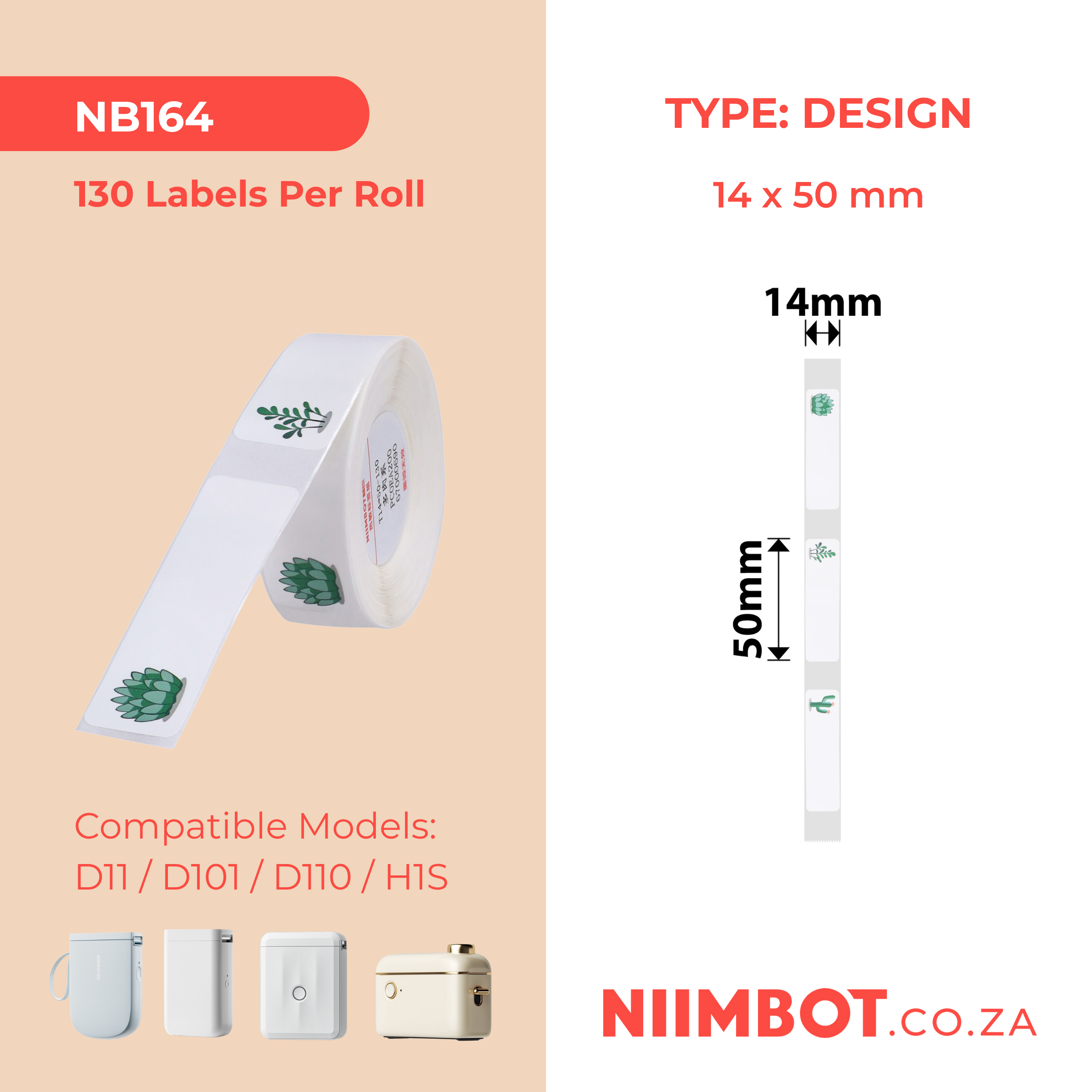 NB164 - NIIMBOT - D11 / D101 / D110 / H1S - 14X50MM - 130 LABELS PER ROLL - SUCCULENT A DESIGN