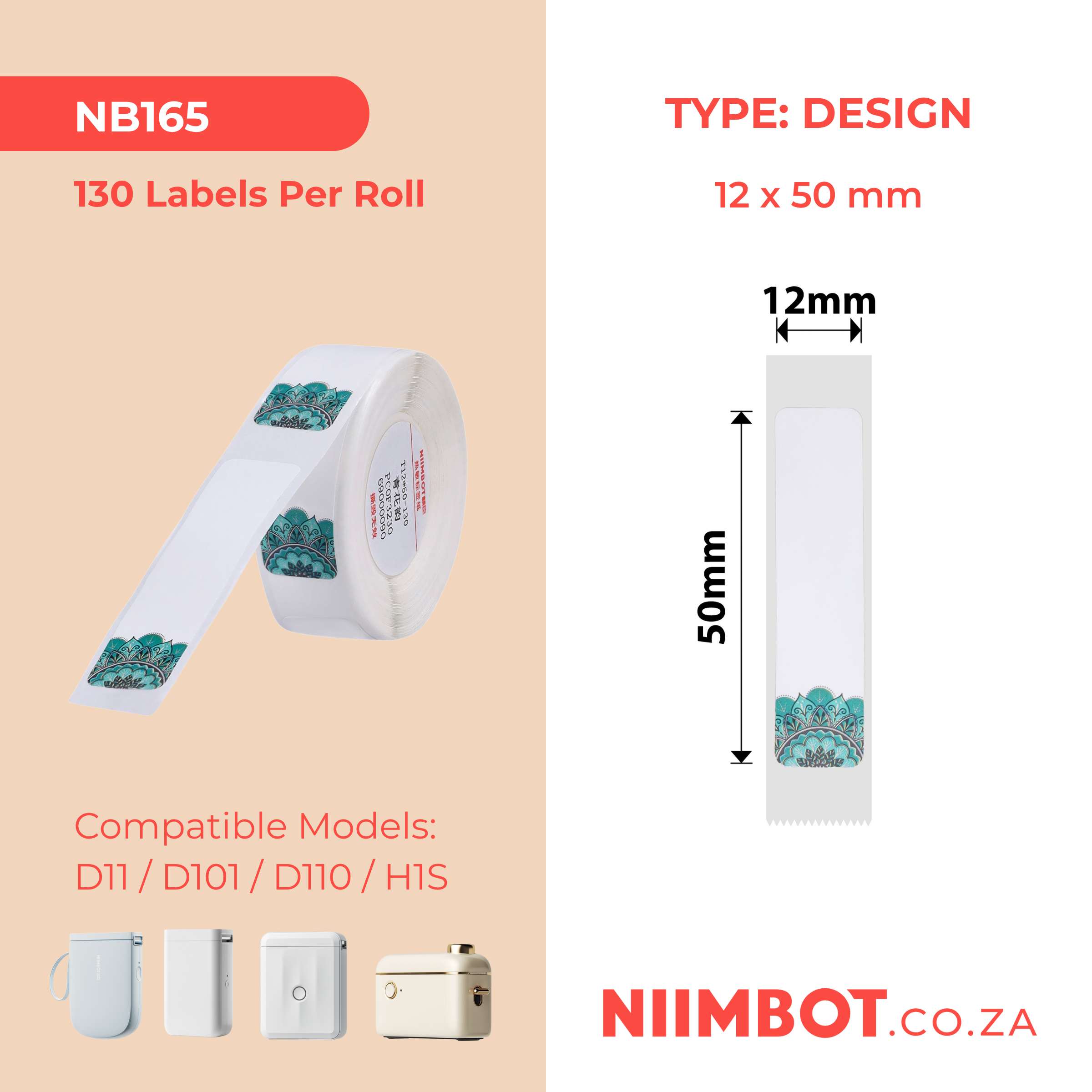 NB165 - NIIMBOT - D11 / D101 / D110 / H1S - 12X50MM - 130 THERMAL LABELS - PORCELAIN DESIGN