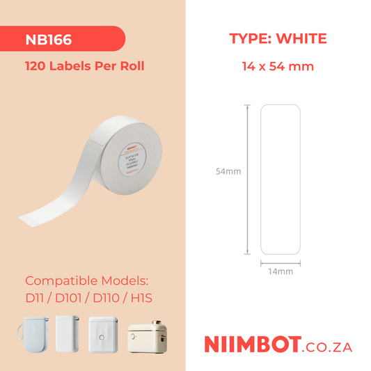 NB166 - NIIMBOT - D11 / D101 / D110 / H1S - 14*54MM - 120 LABELS PER ROLL - WHITE
