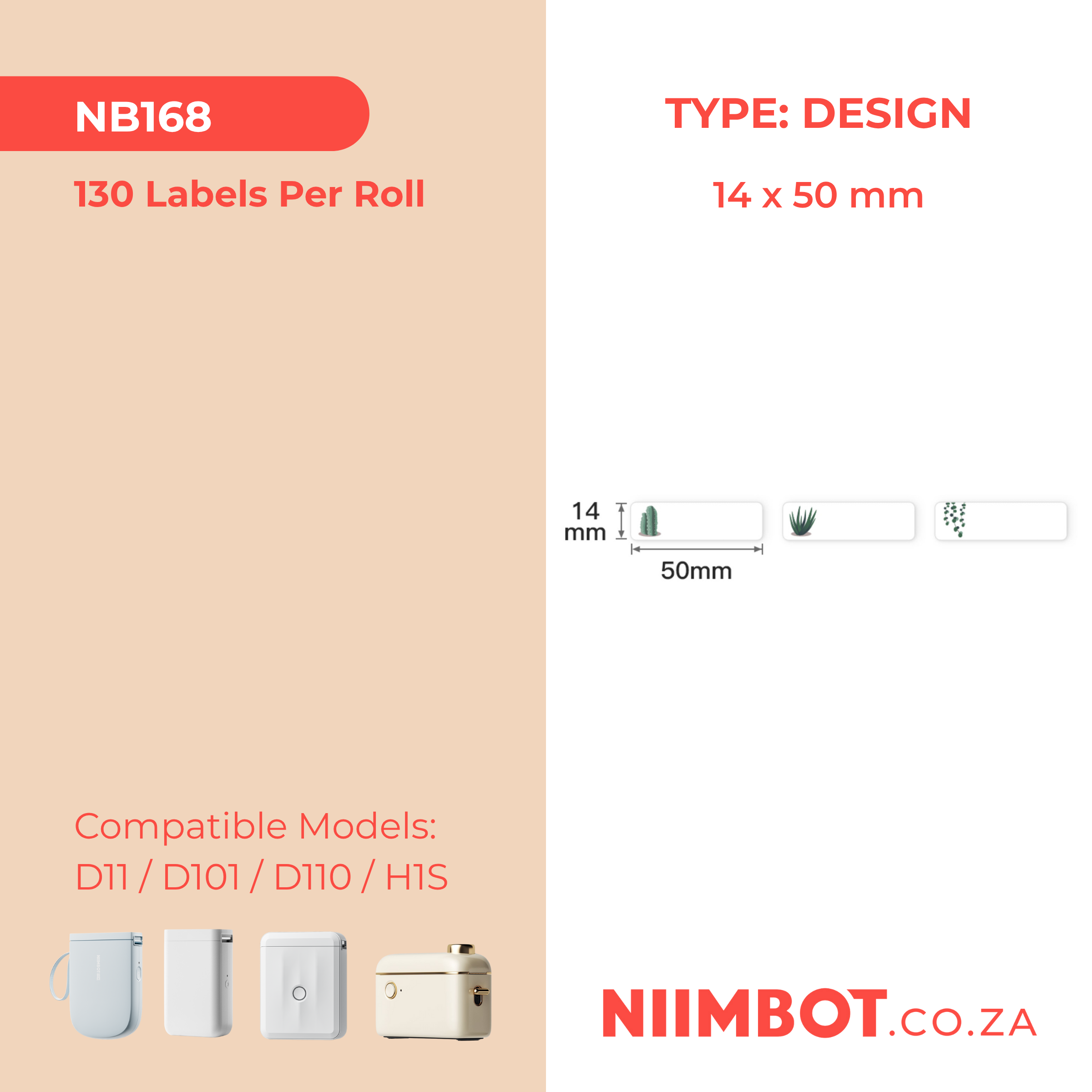 NB168 - NIIMBOT - D11 / D101 / D110 / H1S - 14X50MM - 130 LABELS PER ROLL - SUCCULENT B DESIGN