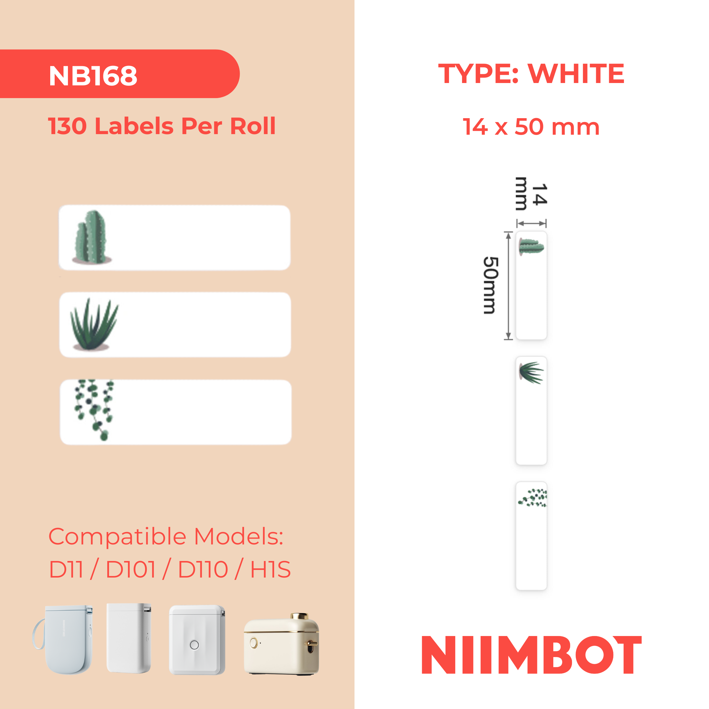 NB168 - NIIMBOT - D11 / D101 / D110 / H1S - 14X50MM - 130 LABELS PER ROLL - SUCCULENT B DESIGN
