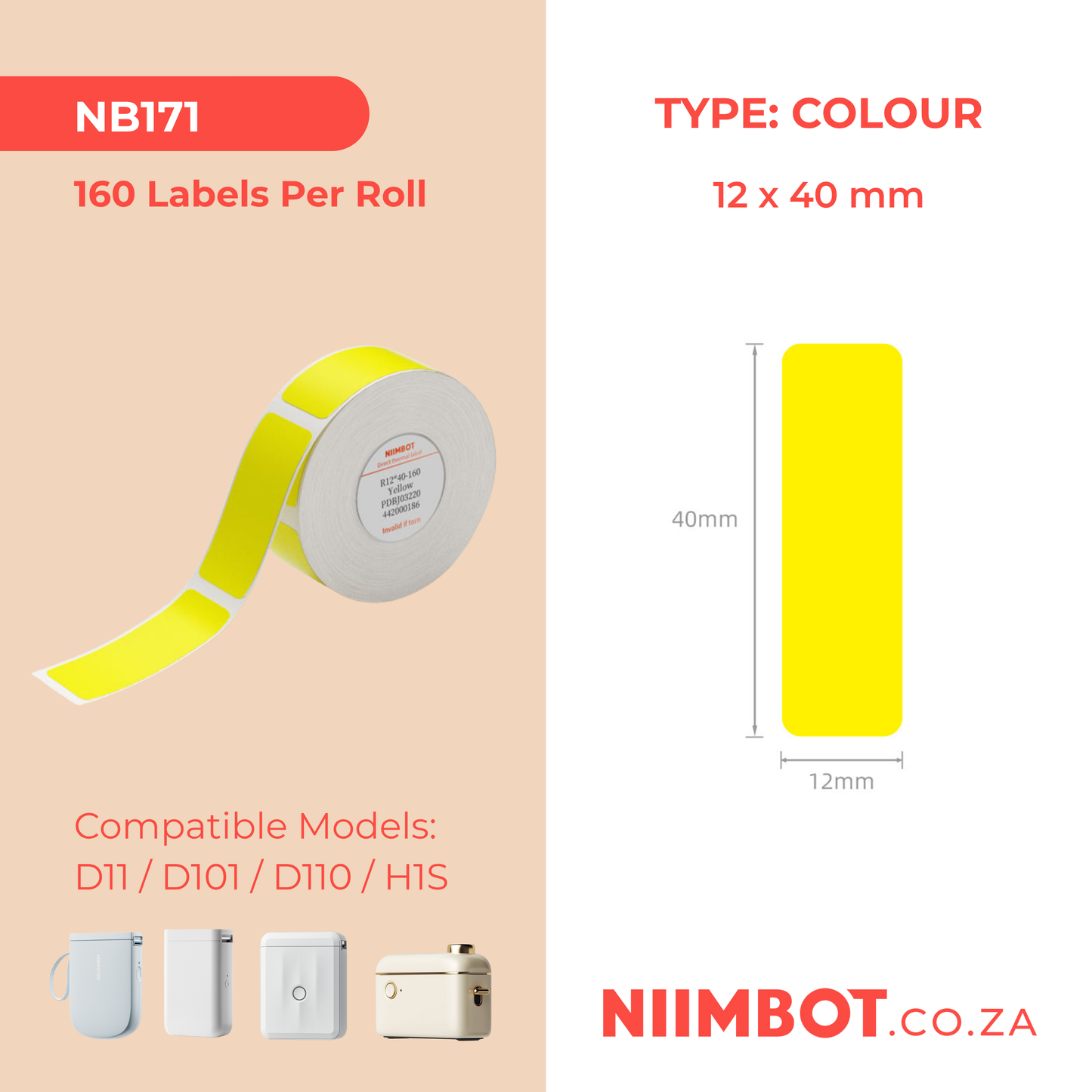 NB171 - NIIMBOT - D11 / D101 / D110 / H1S - 12X40MM - 160 THERMAL LABELS - BRIGHT YELLOW
