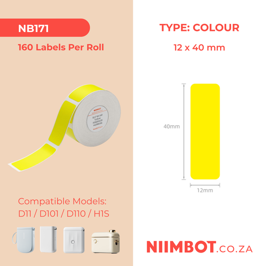 NB171 - NIIMBOT - D11 / D101 / D110 / H1S - 12*40MM - 160 THERMAL LABELS - BRIGHT YELLOW DESIGN