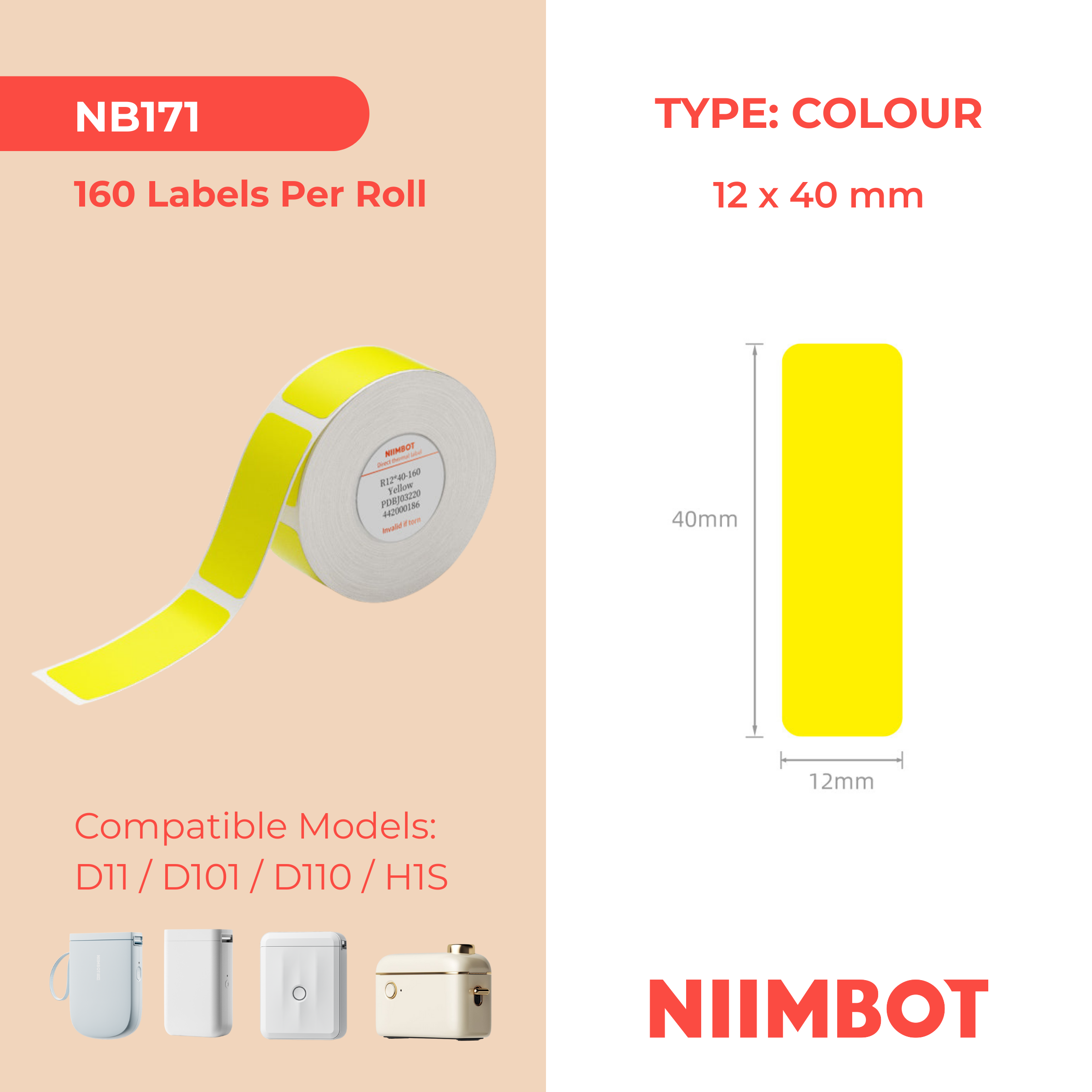 NB171 - NIIMBOT - D11 / D101 / D110 / H1S - 12X40MM - 160 THERMAL LABELS - BRIGHT YELLOW