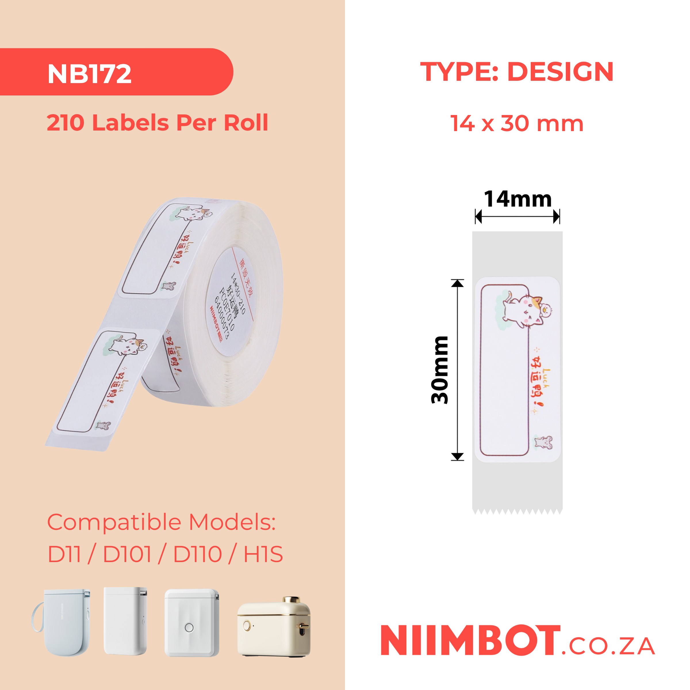NB172 - NIIMBOT - D11 / D101 / D110 / H1S - R14X30MM - 210 LABELS PER ROLL - LUCKY DUCK DESIGN