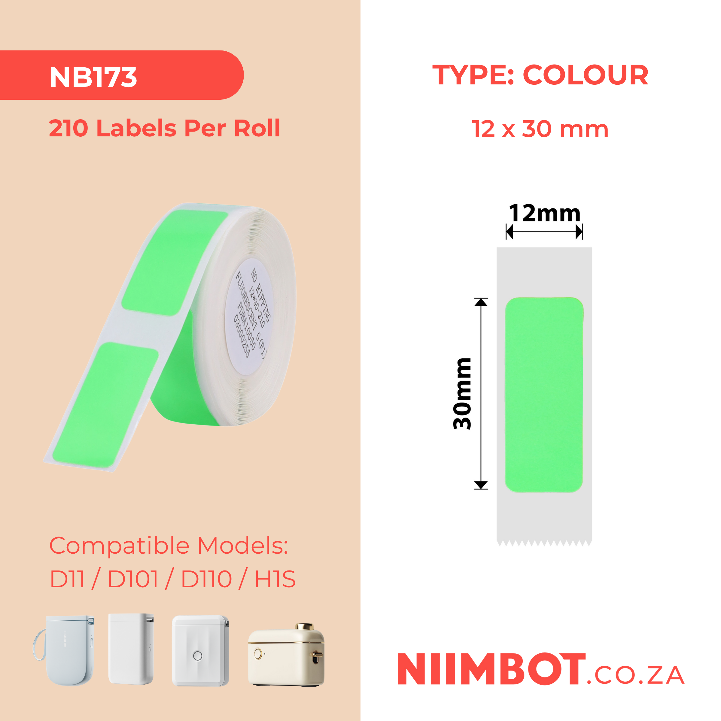 NB173 - NIIMBOT - D11 / D101 / D110 / H1S - R12X30MM - 210 LABELS PER ROLL - BRIGHT GREEN DESIGN