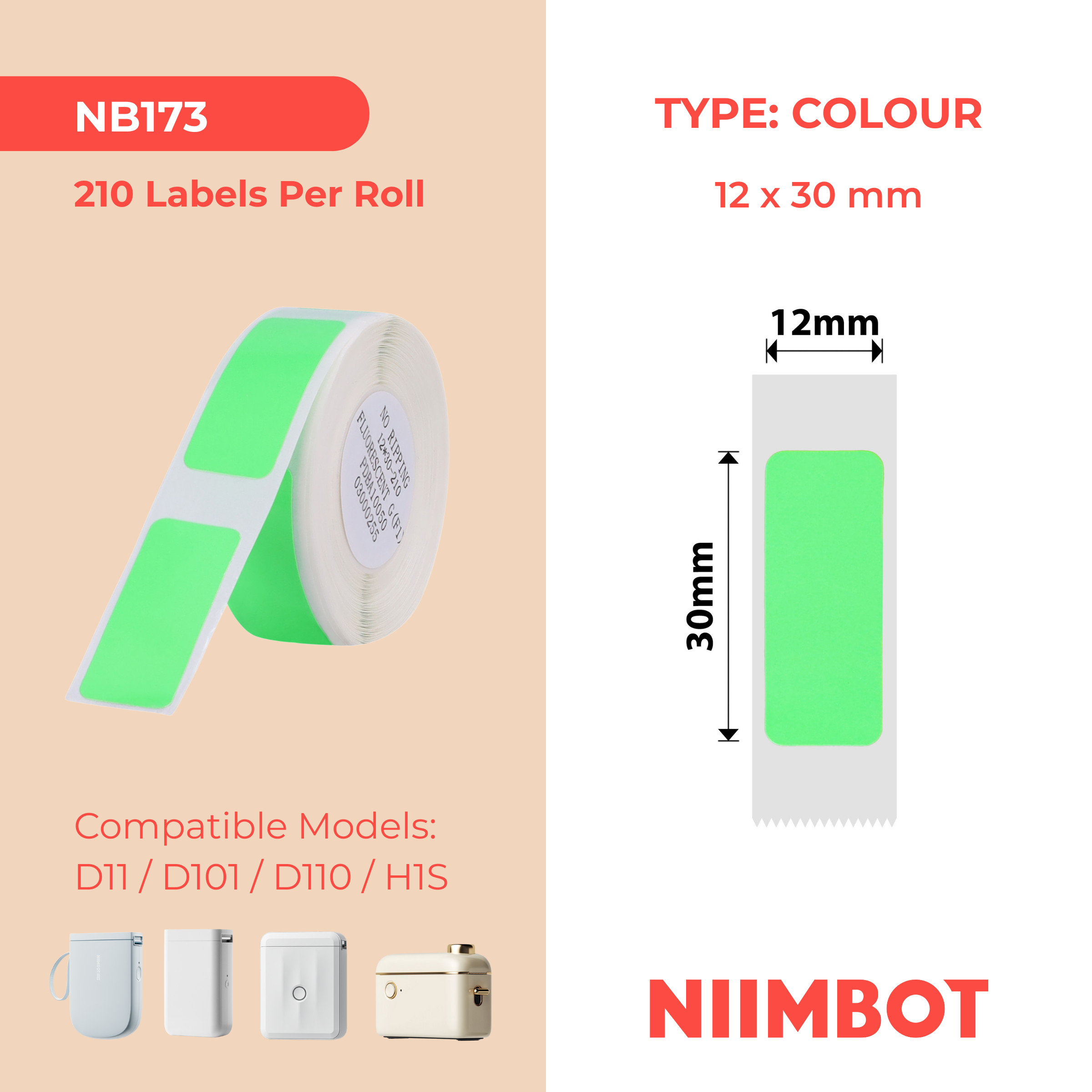 NB173 - Niimbot - D11 / D101 / D110 / H1S - 12x30mm - 195 Fluorescent Green Labels