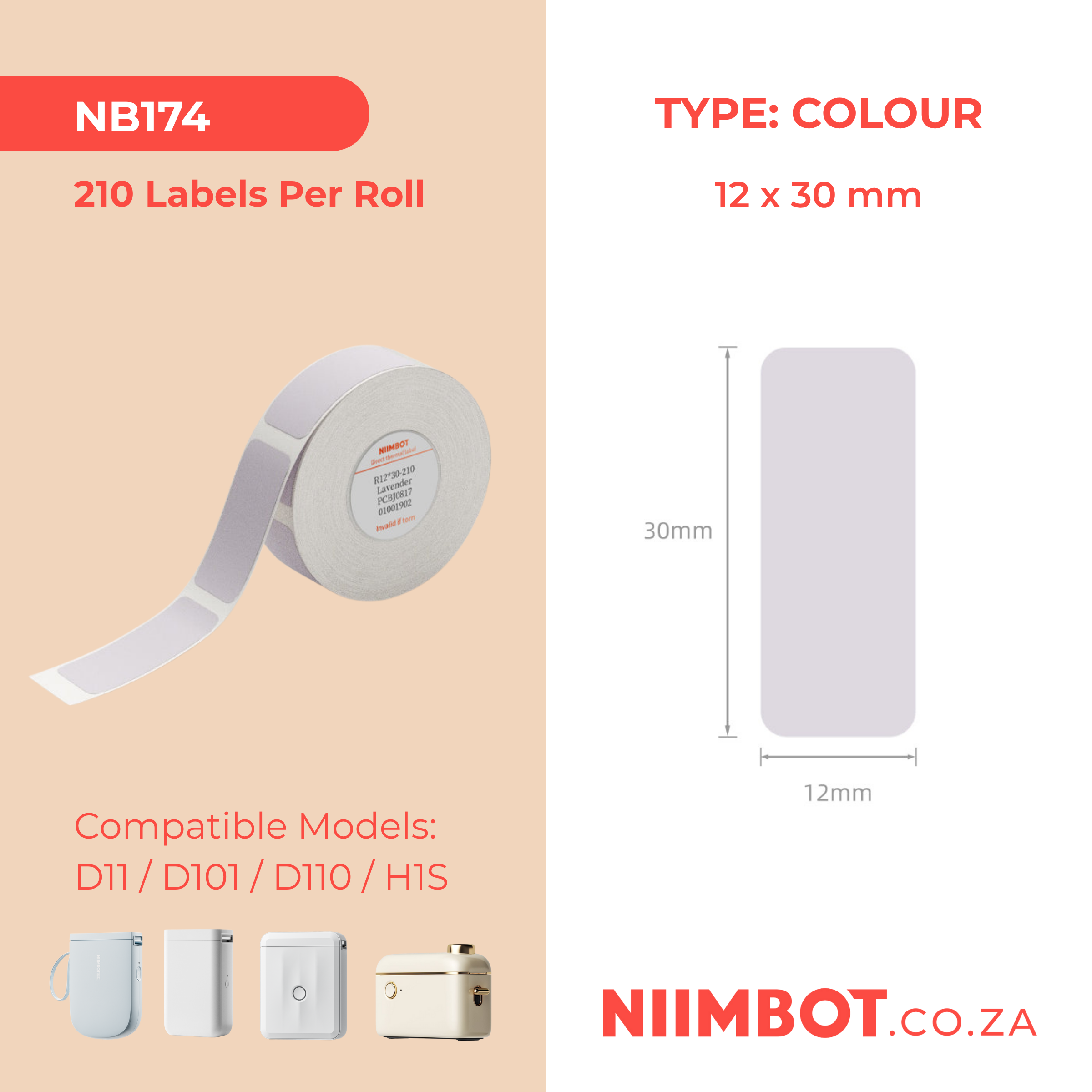 NB174 - NIIMBOT - D11 / D101 / D110 / H1S - 12X30MM - 210 LABELS PER ROLL - SOLID LAVENDER COLOUR