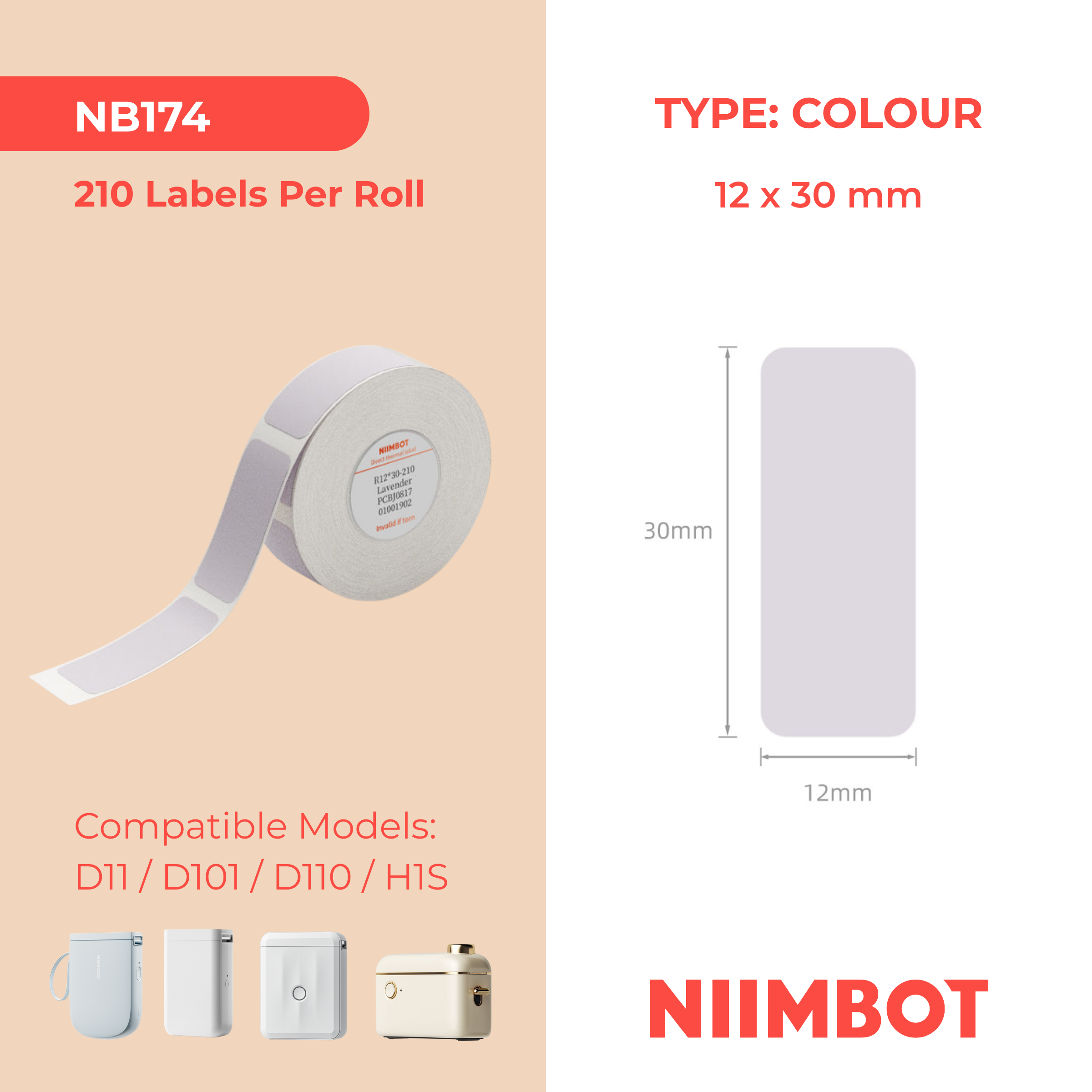 NB174 - NIIMBOT - D11 / D101 / D110 / H1S - 12X30MM - 210 LABELS PER ROLL - SOLID LAVENDER COLOUR