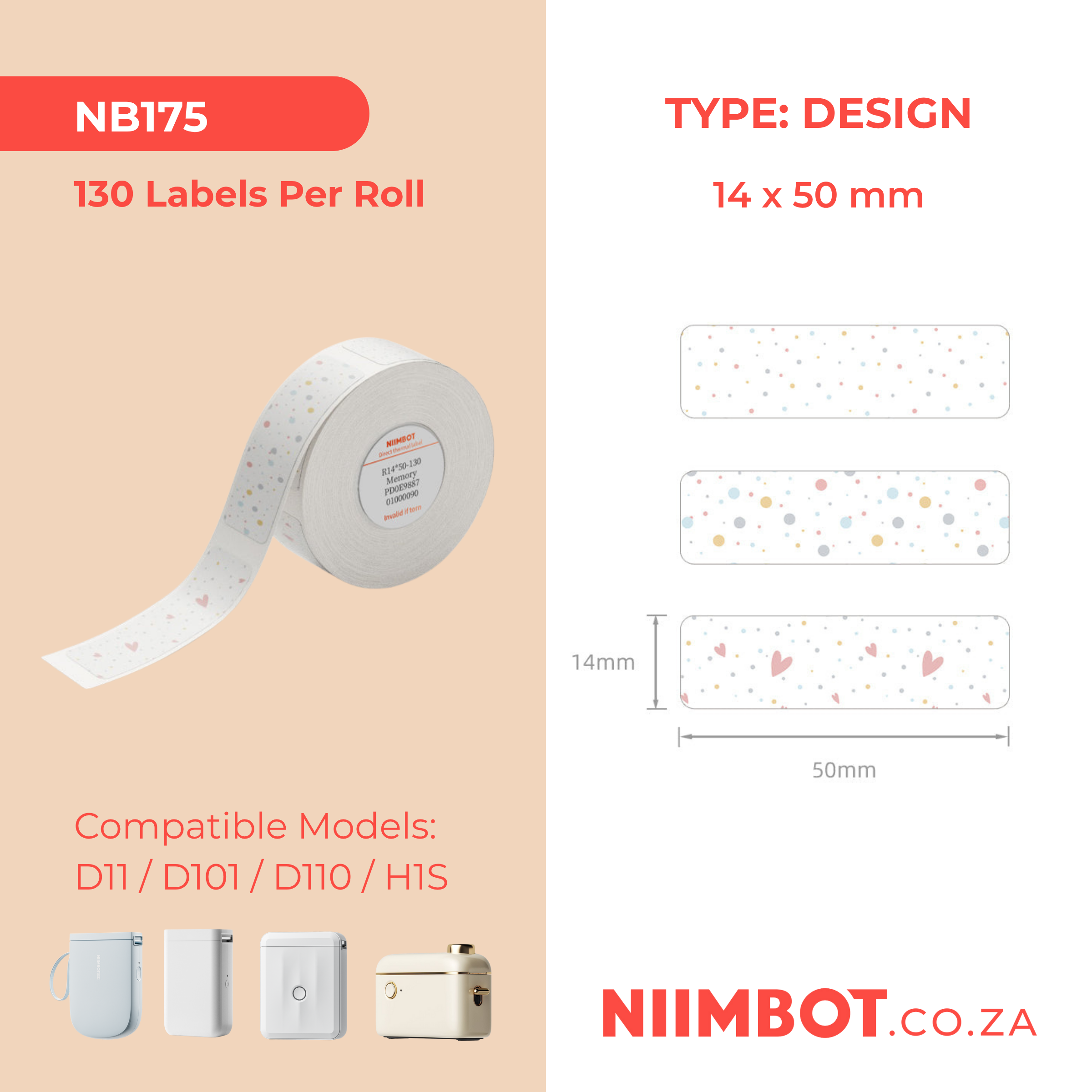 NB175 - NIIMBOT - D11 / D101 / D110 / H1S - 14X50MM - 130 LABELS PER ROLL - MEMORY DESIGN