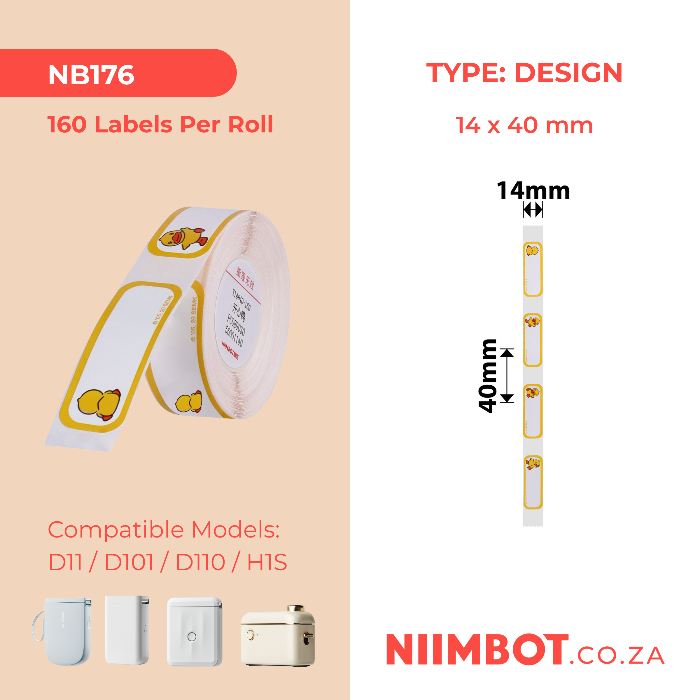 NB176 - NIIMBOT - D11 / D101 / D110 / H1S - R14X40MM - 160 LABELS PER ROLL - HAPPY DUCK DESIGN