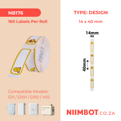 NB176 - NIIMBOT - D11 / D101 / D110 / H1S - R14X40MM - 160 LABELS PER ROLL - HAPPY DUCK DESIGN