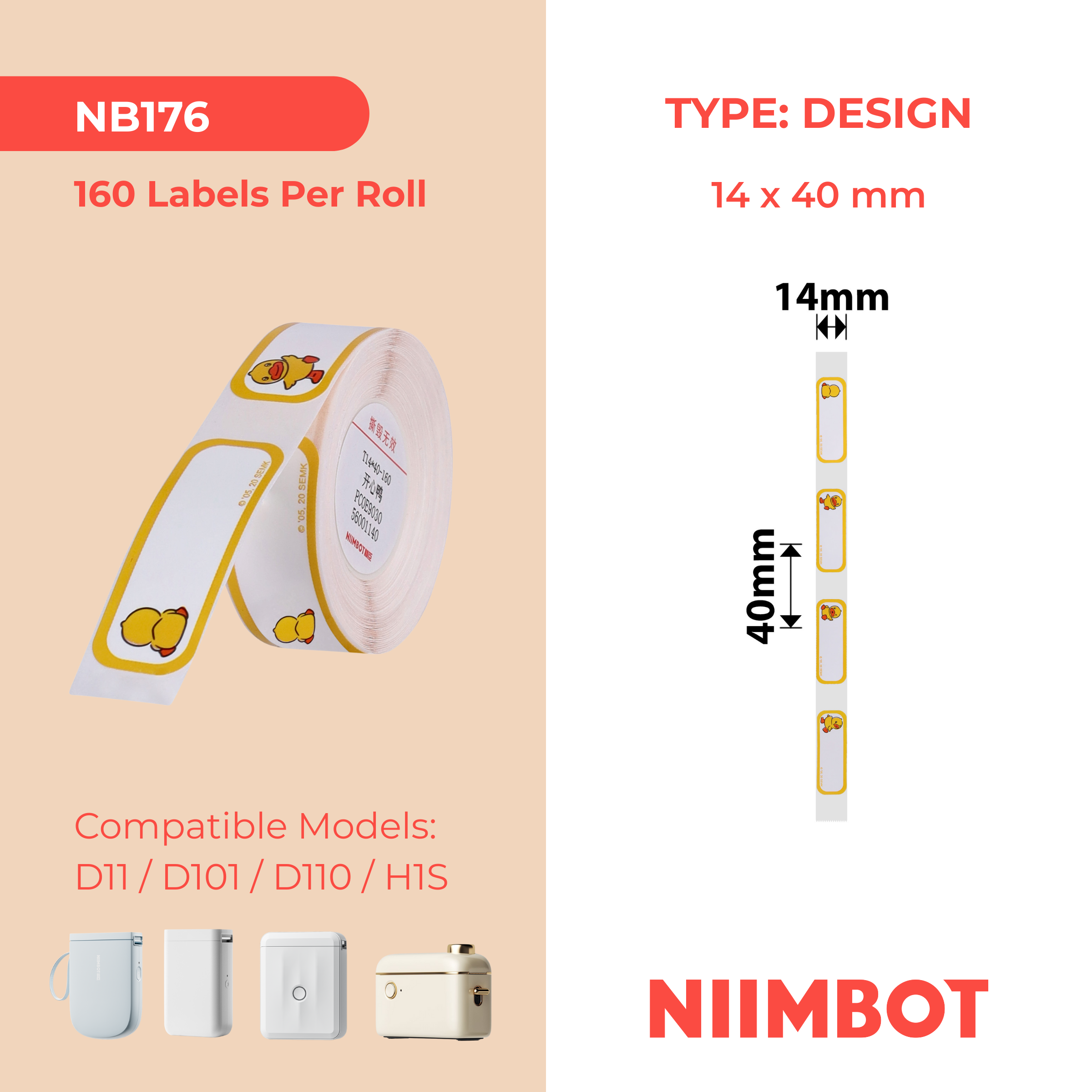 NB176 - NIIMBOT - D11 / D101 / D110 / H1S - R14X40MM - 160 LABELS PER ROLL - HAPPY DUCK DESIGN