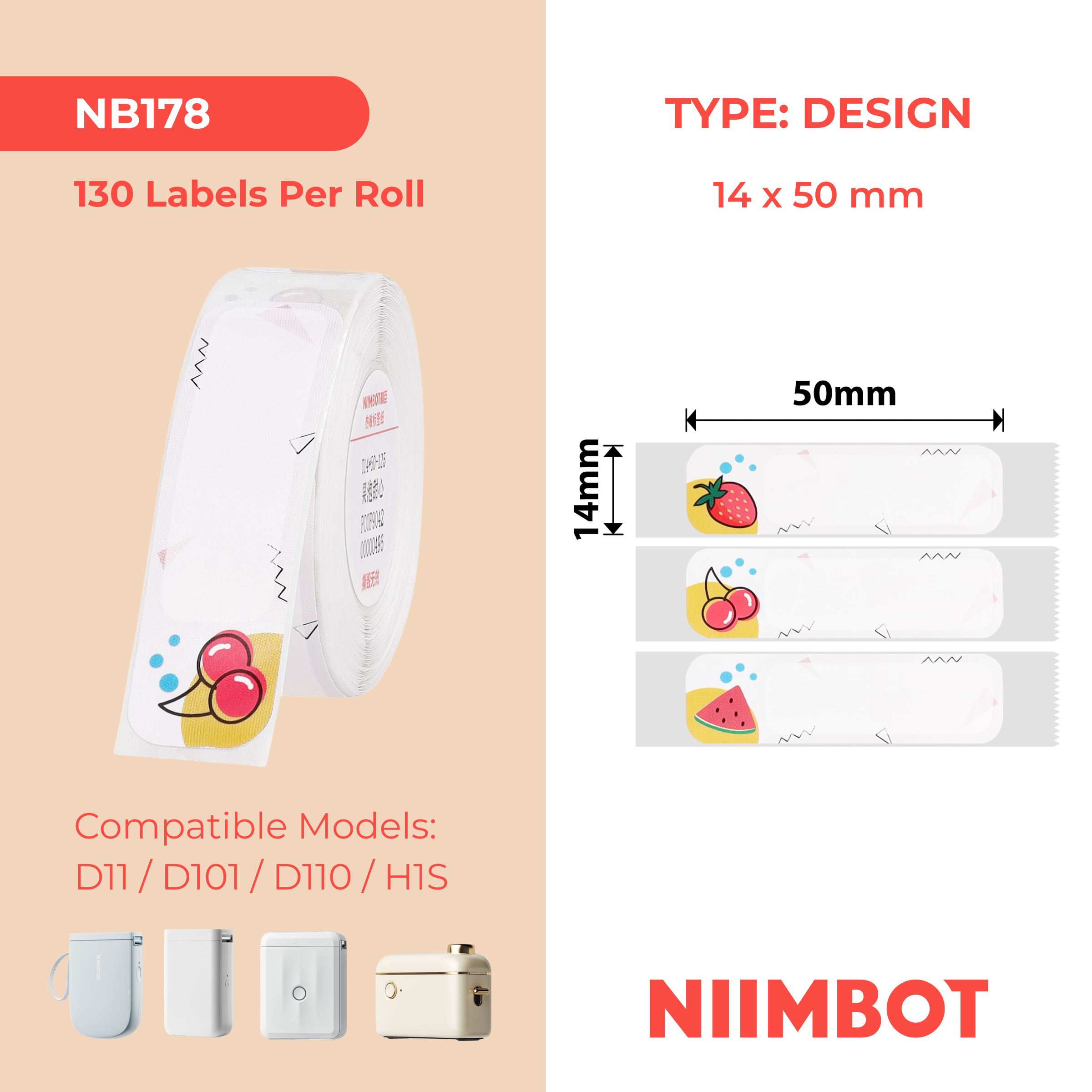 NB178 - Niimbot - D11 / D101 / D110 / H1S - 14x50mm - 125 Fruit Labels