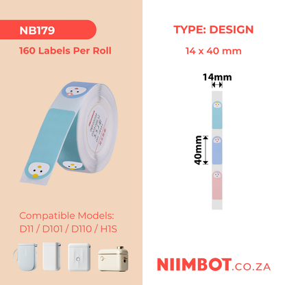 NB179 - NIIMBOT - D11 / D101 / D110 / H1S - R14X40MM - 160 LABELS PER ROLL - BABY FACE DESIGN