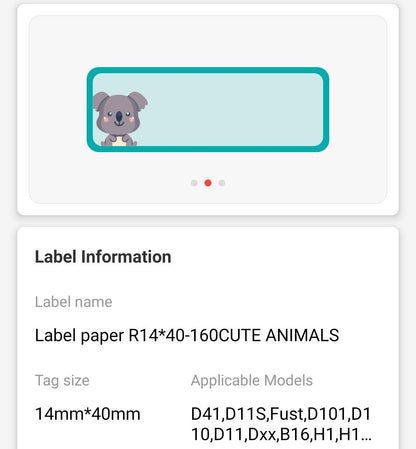 NB180 - NIIMBOT - D11 / D101 / D110 / H1S - 14X40MM - 160 LABELS PER ROLL- CUTE ANIMALS DESIGN