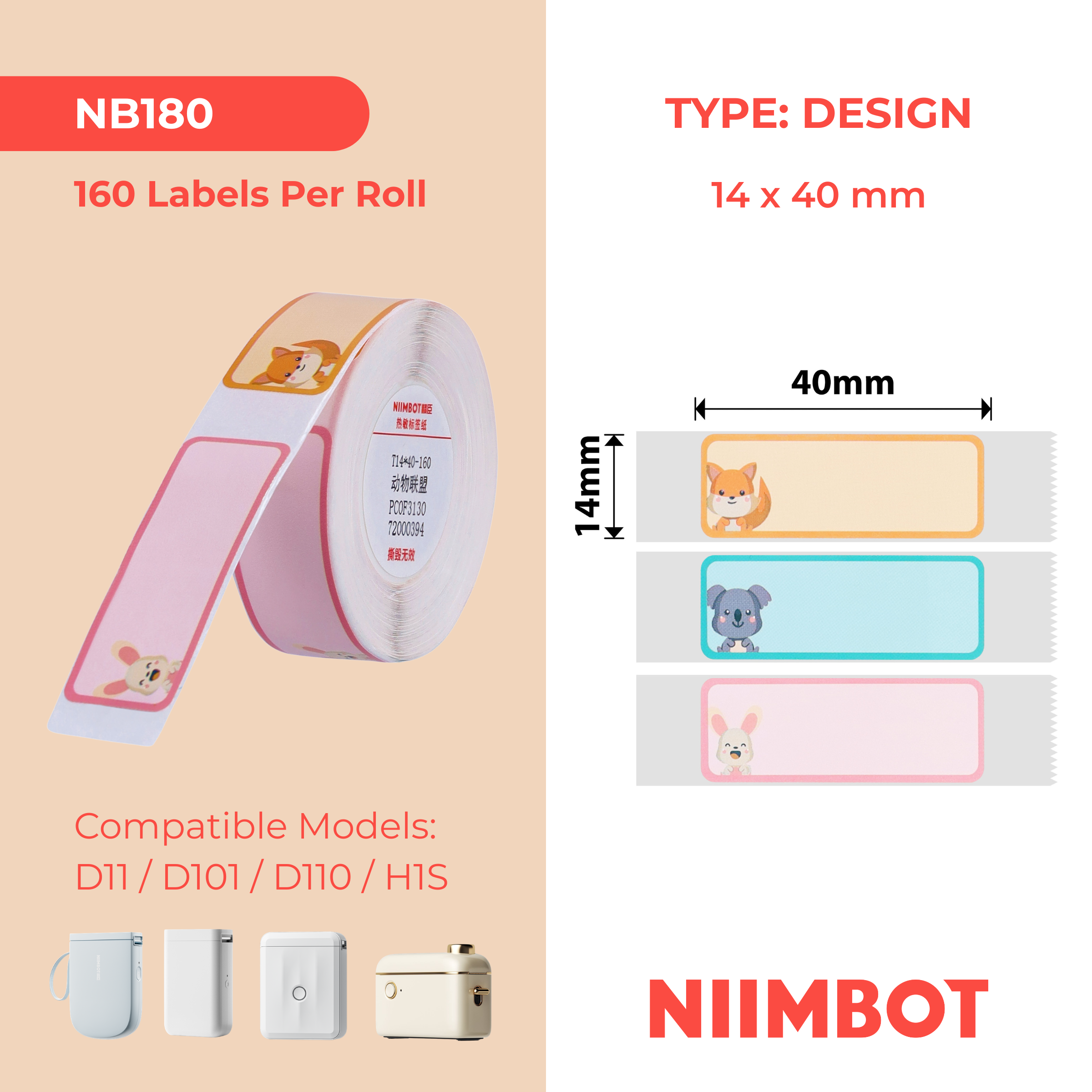 NB180 - Niimbot - D11 / D101 / D110 / H1S - 14x40mm - 155 Cute Animals Labels
